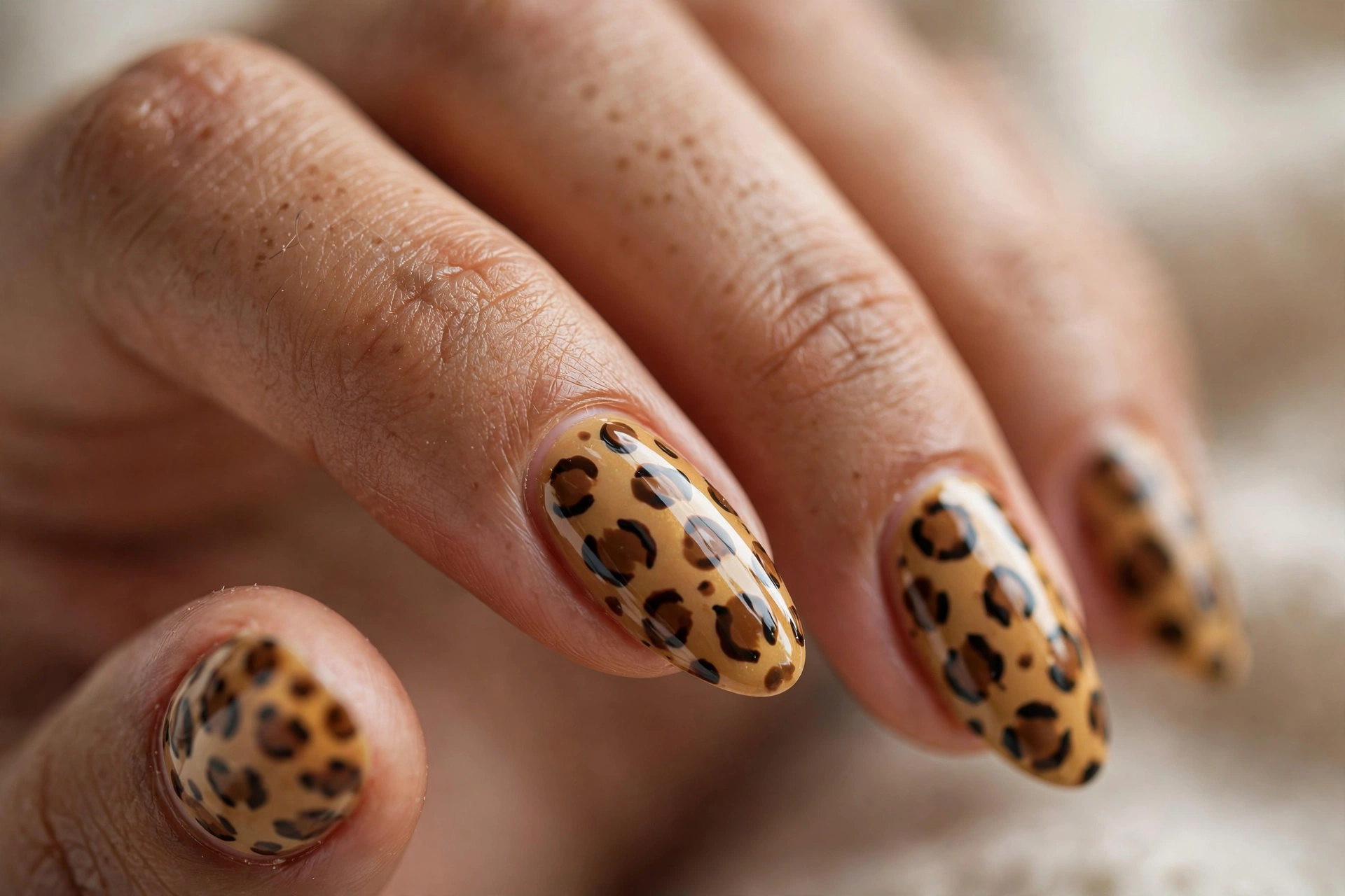 Classic brown leopard spots with black outlines on golden tan nails