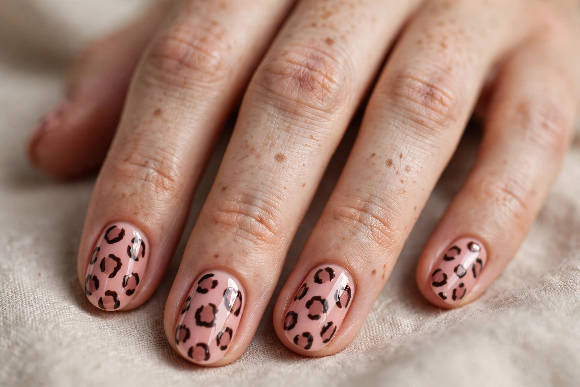 Soft pink leopard print with rose brown spots on oval nails