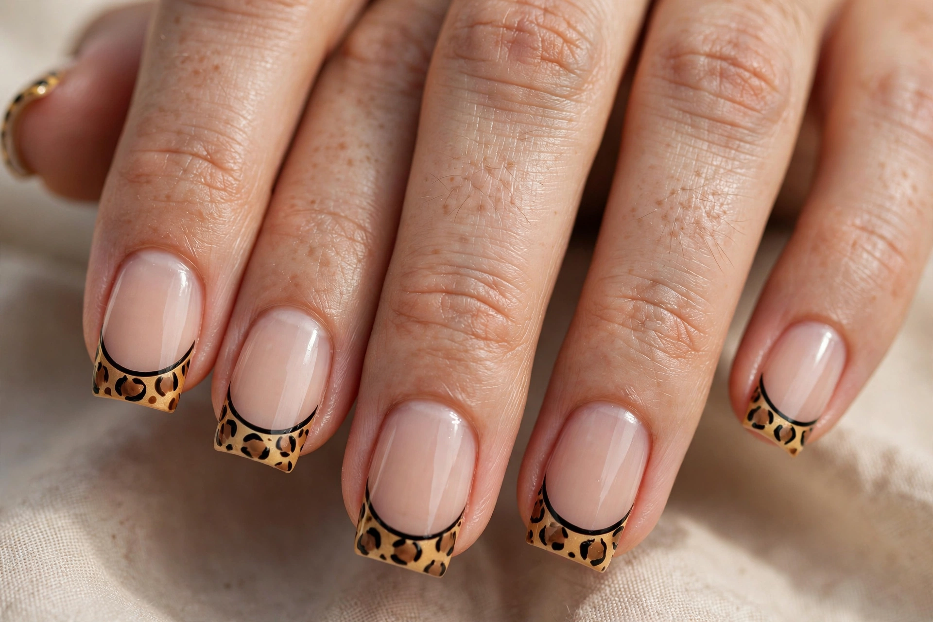 Leopard print French tips on a sheer nude base with square nails