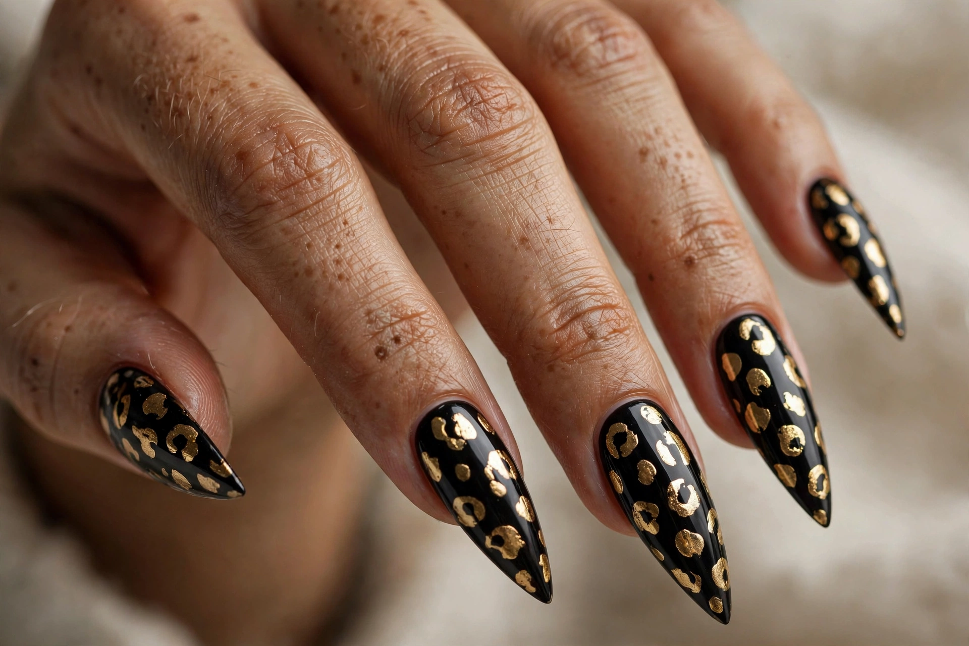Black and metallic gold leopard print on stiletto nails