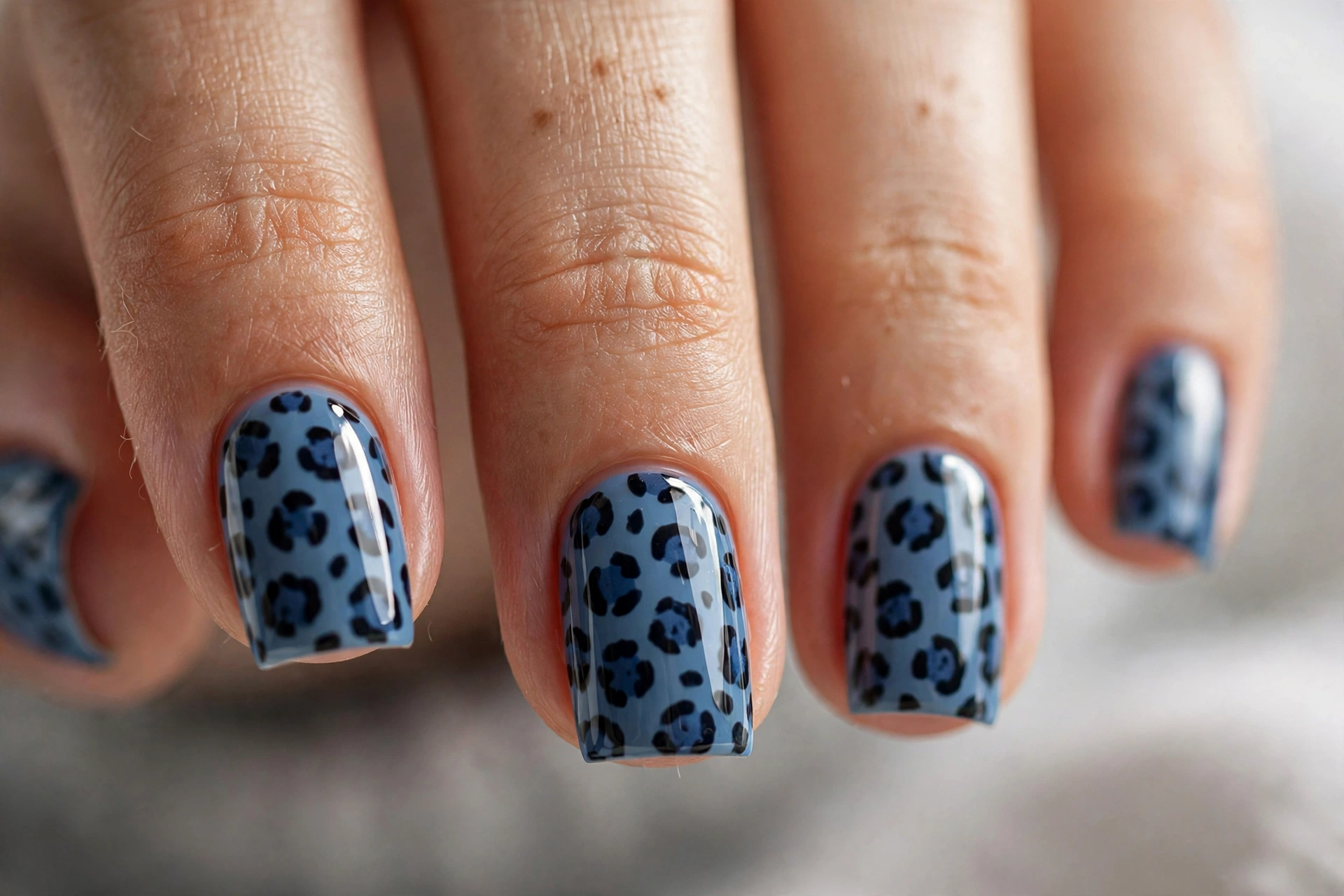 Dusty blue leopard print with navy spots on square nails