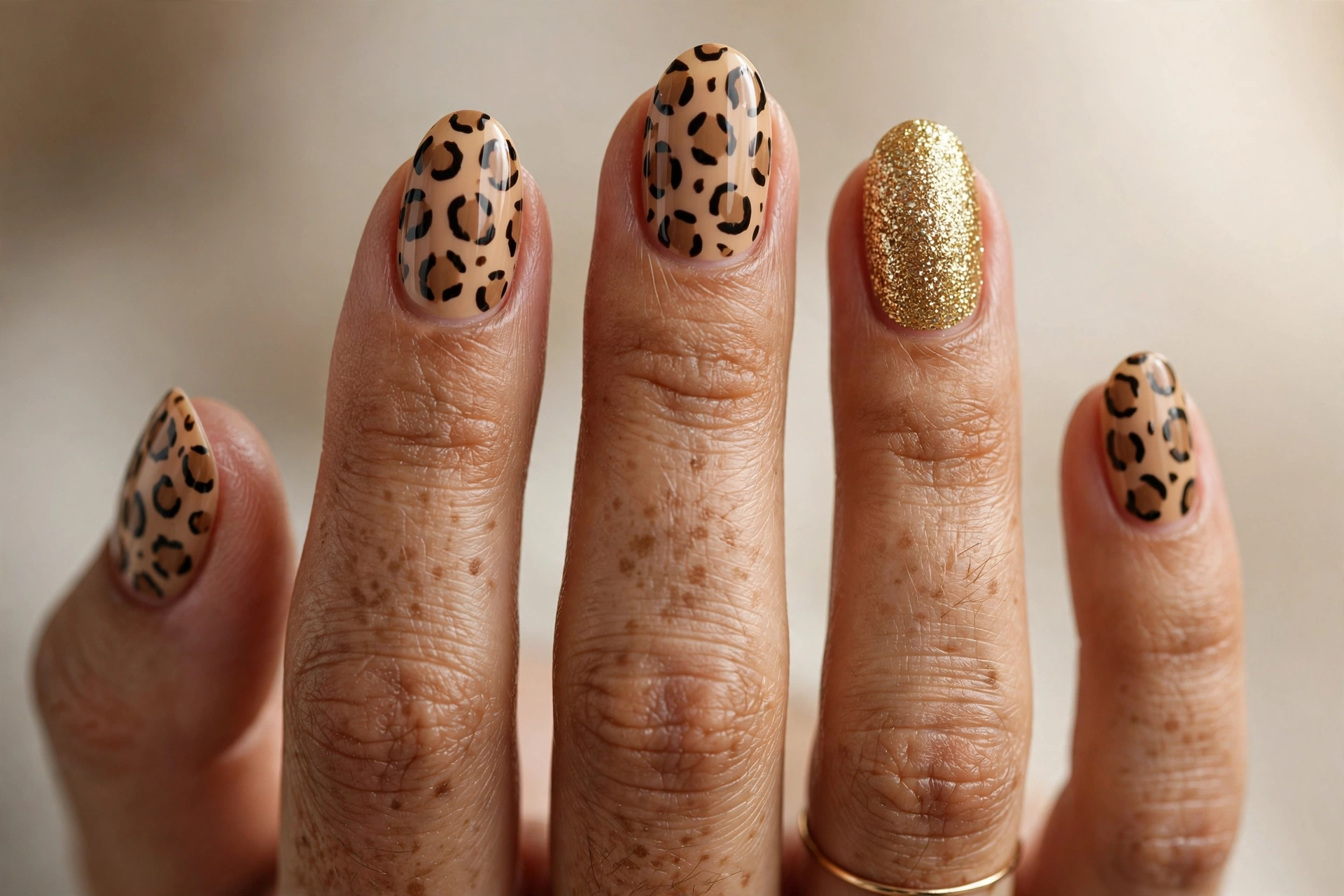 Tan leopard print nails with a gold glitter accent nail