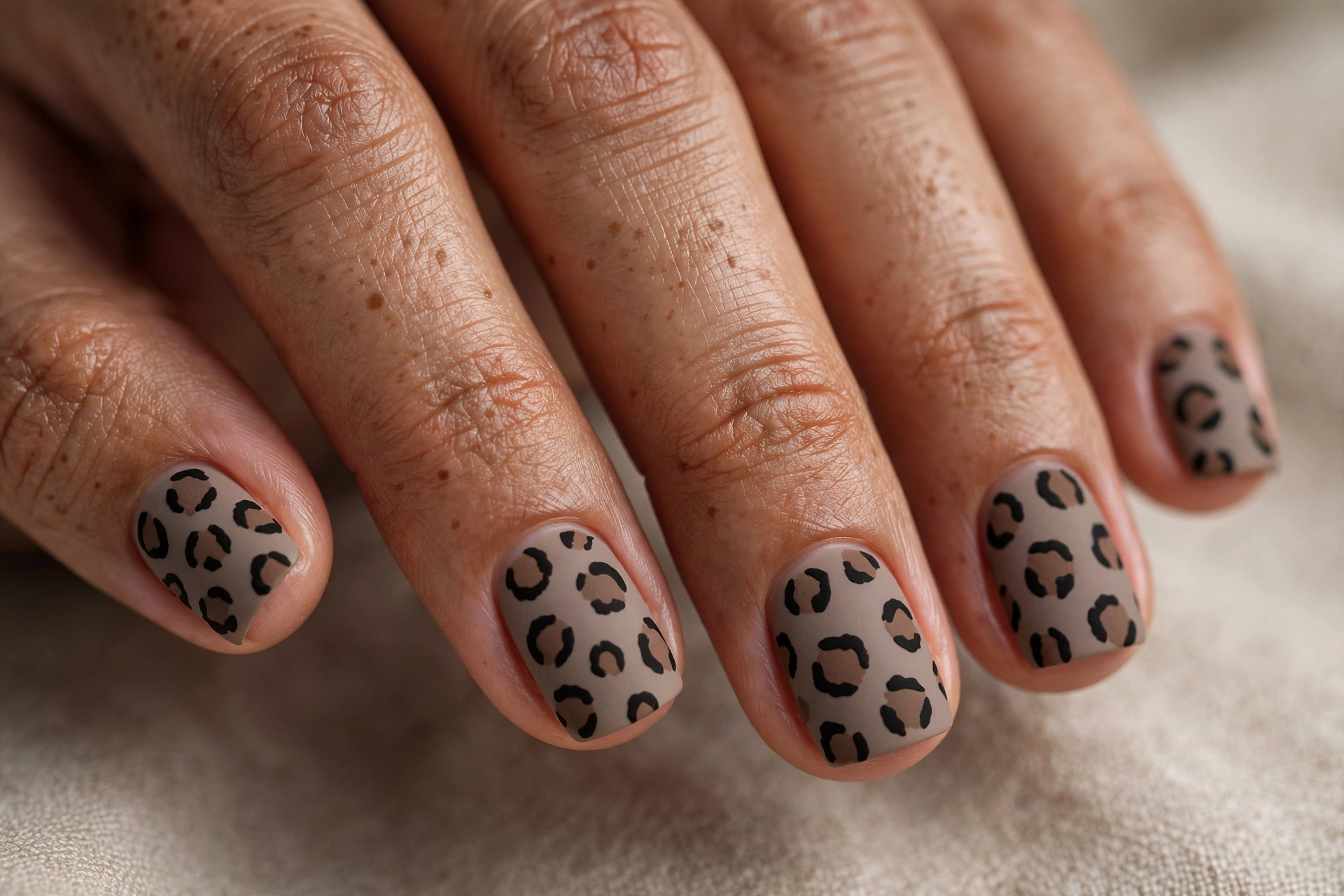 Matte taupe leopard print with velvety spots on short square nails