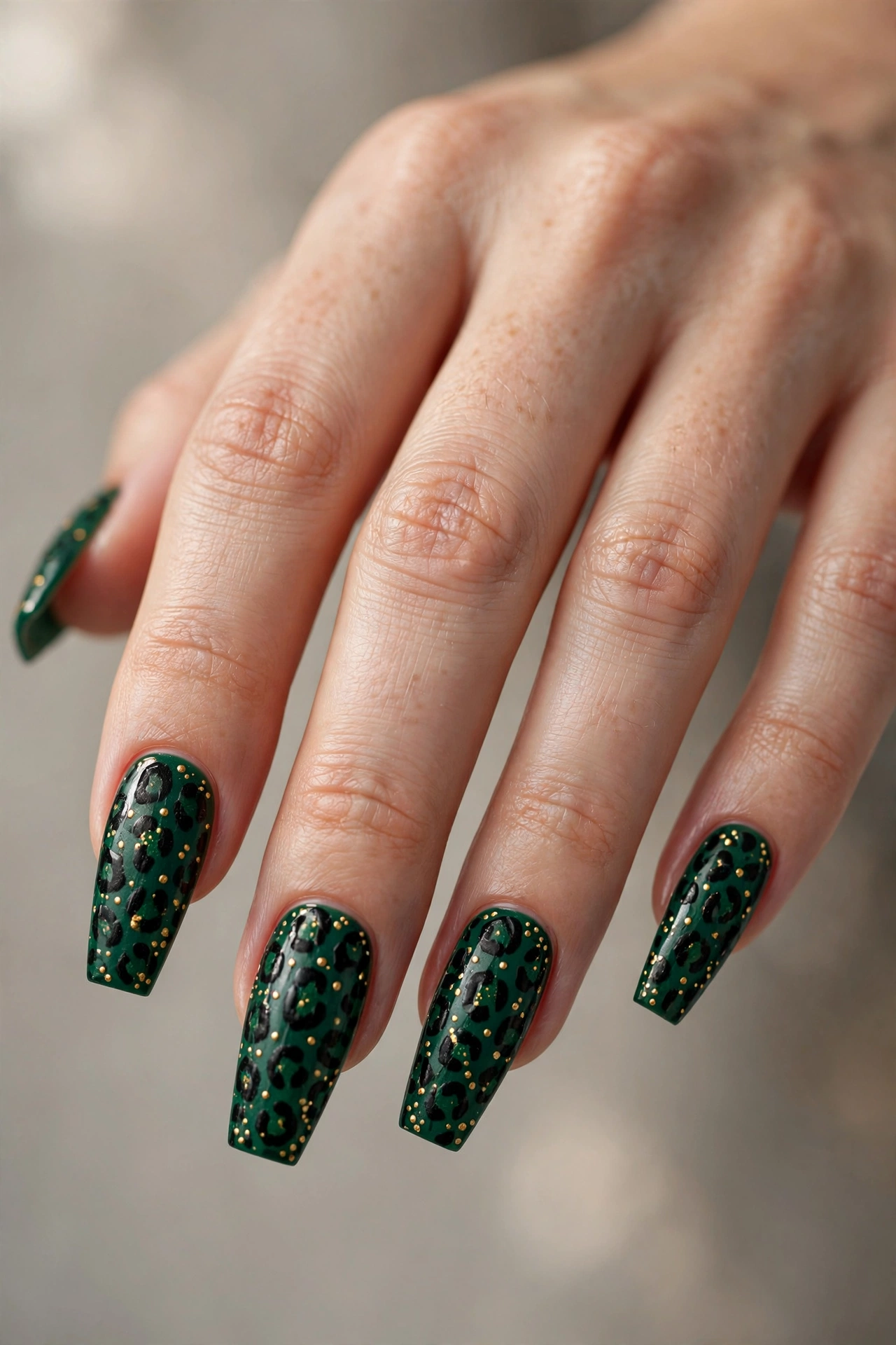 Deep emerald green leopard print with black spots and gold accents on coffin nails