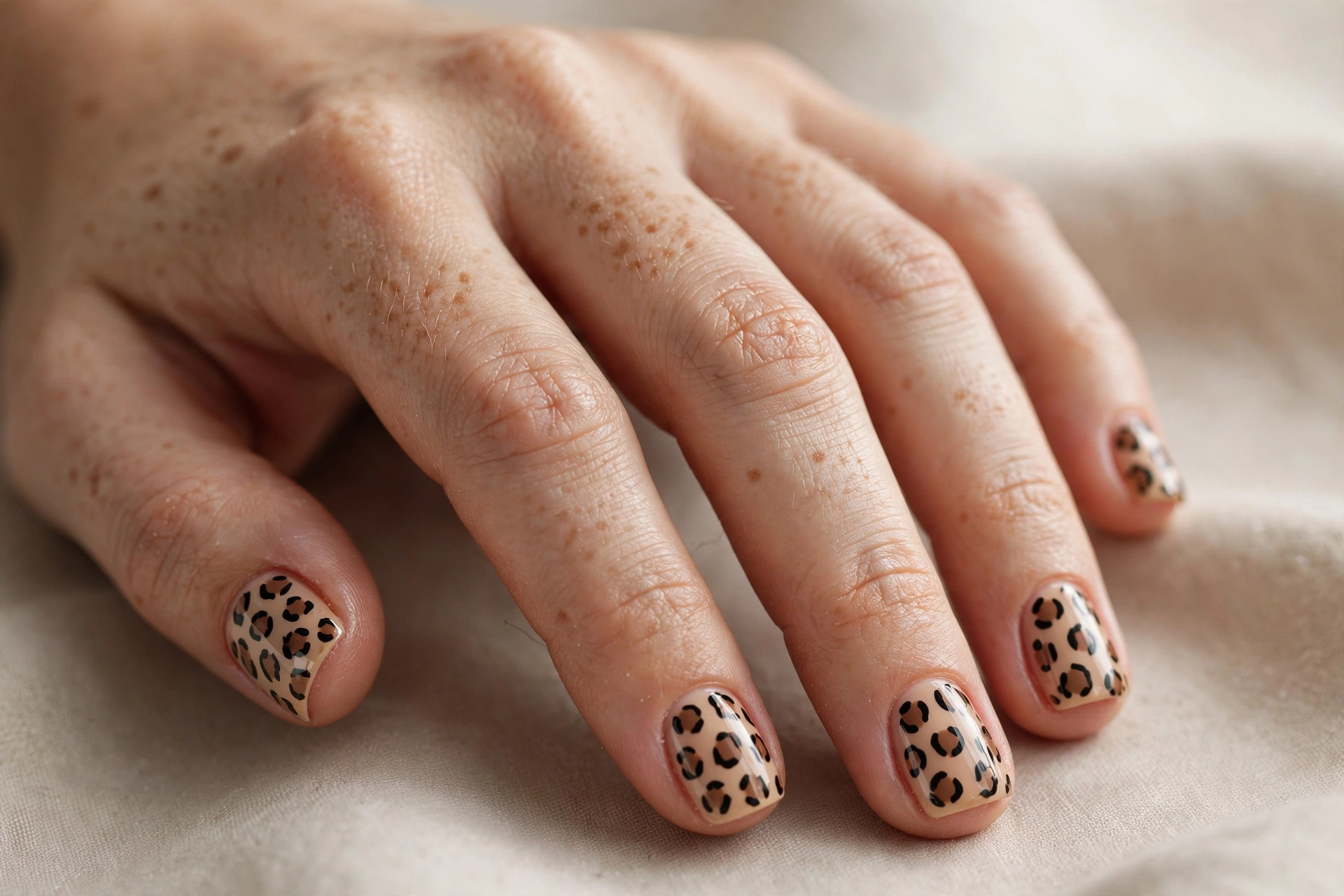 Short square nails with neat classic leopard print on warm beige