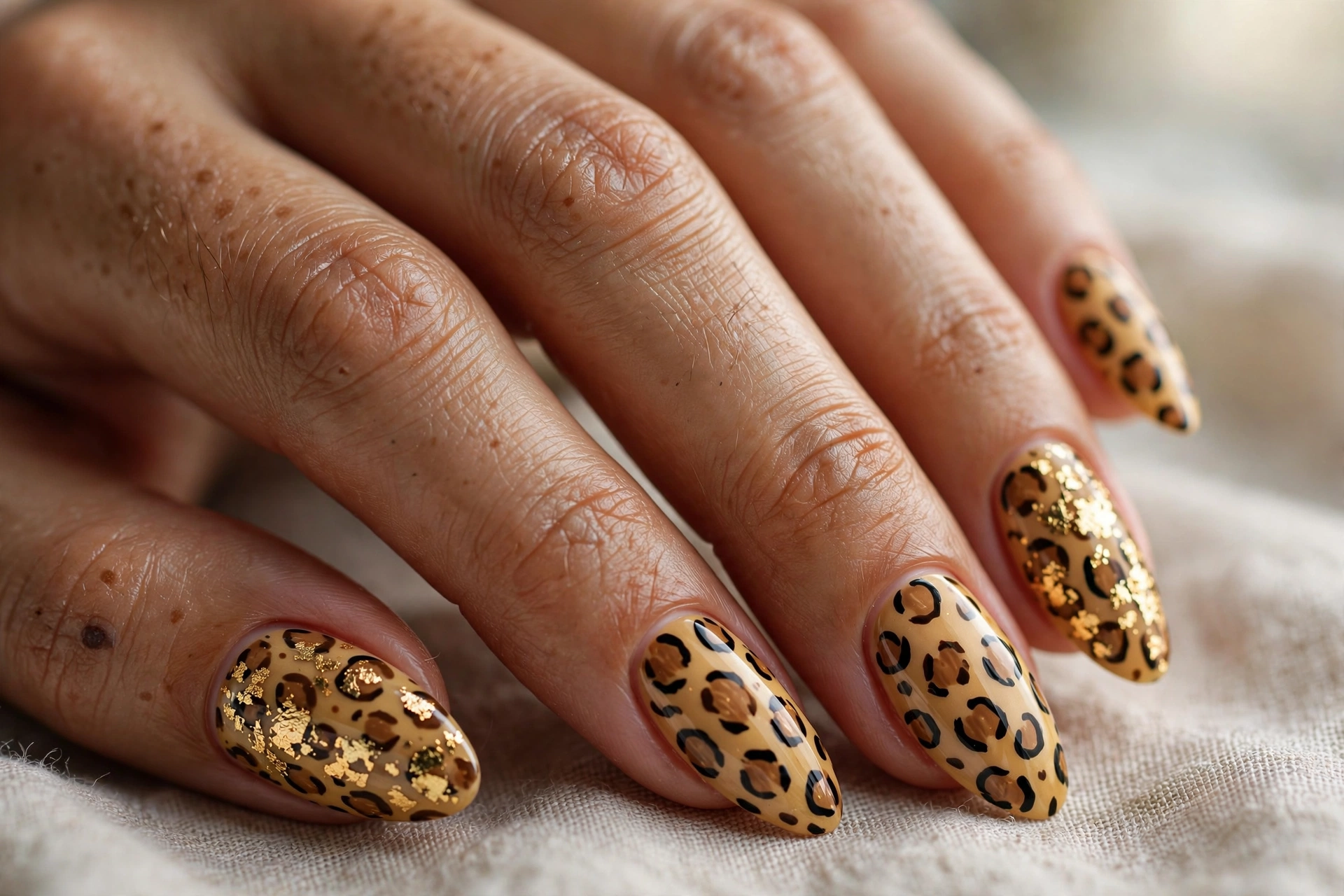 Leopard print nails with scattered gold foil flakes on accent nails