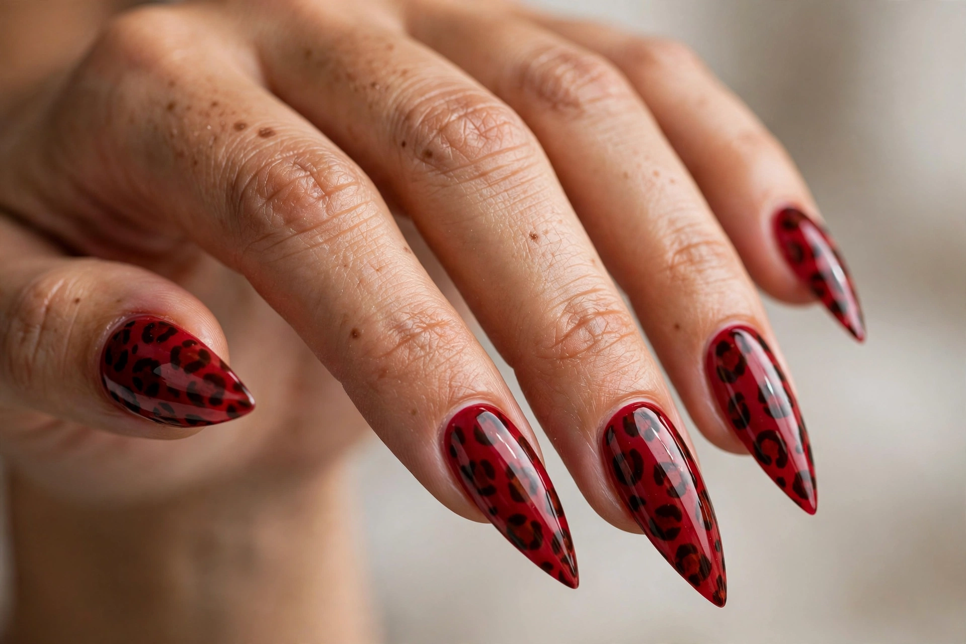 Cherry red leopard print with dark spots on stiletto nails