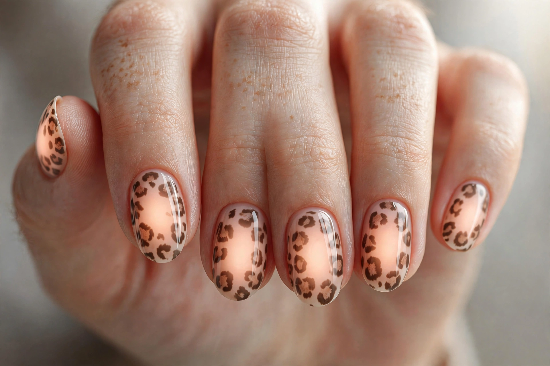 Leopard spots layered over a soft peachy aura effect on oval nails