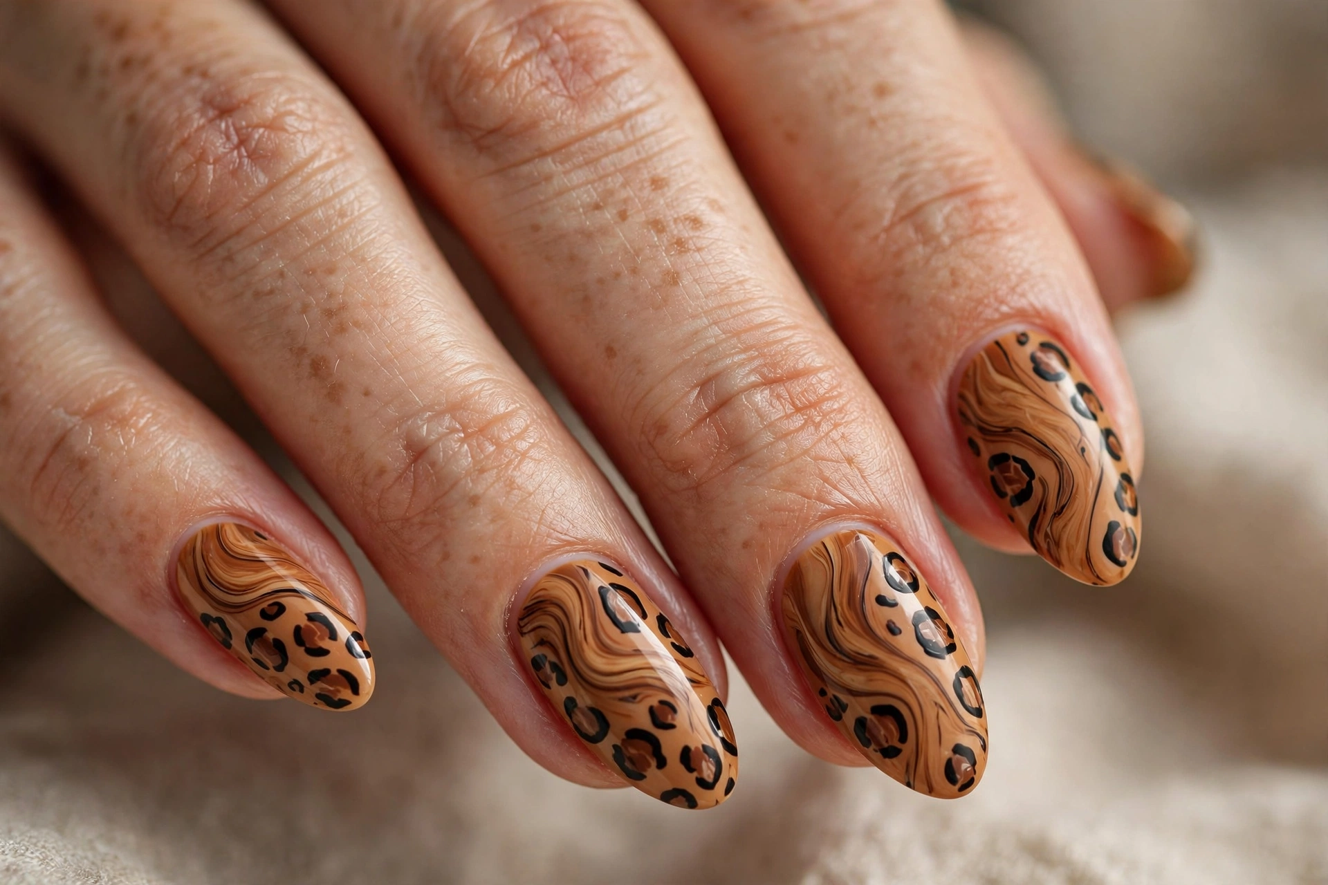 Brown marble swirls blended with leopard spots on caramel nails