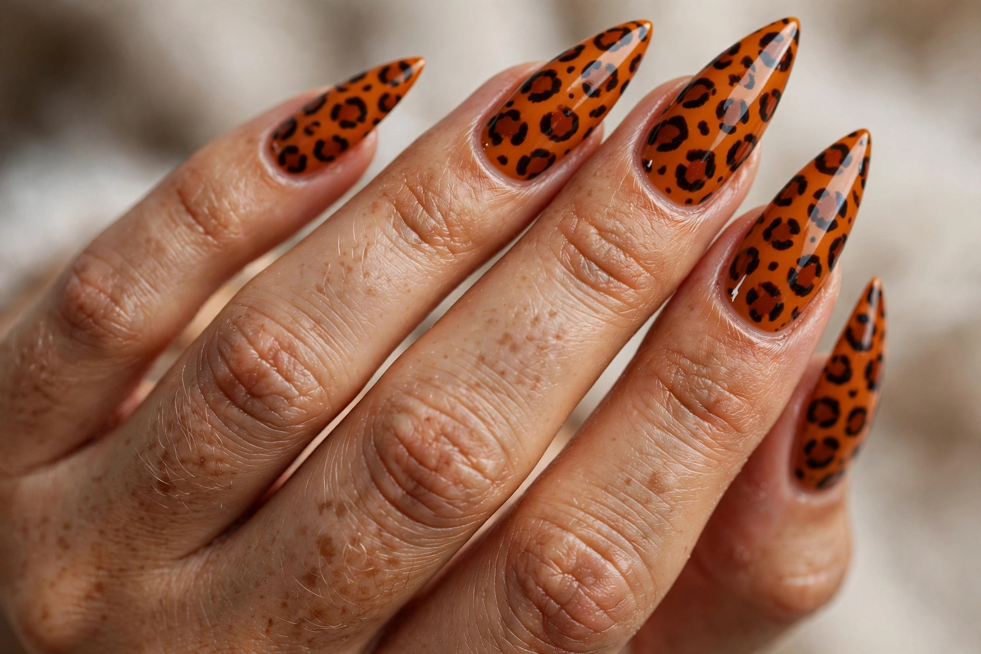 Burnt orange leopard print with dark spots on sharp stiletto nails