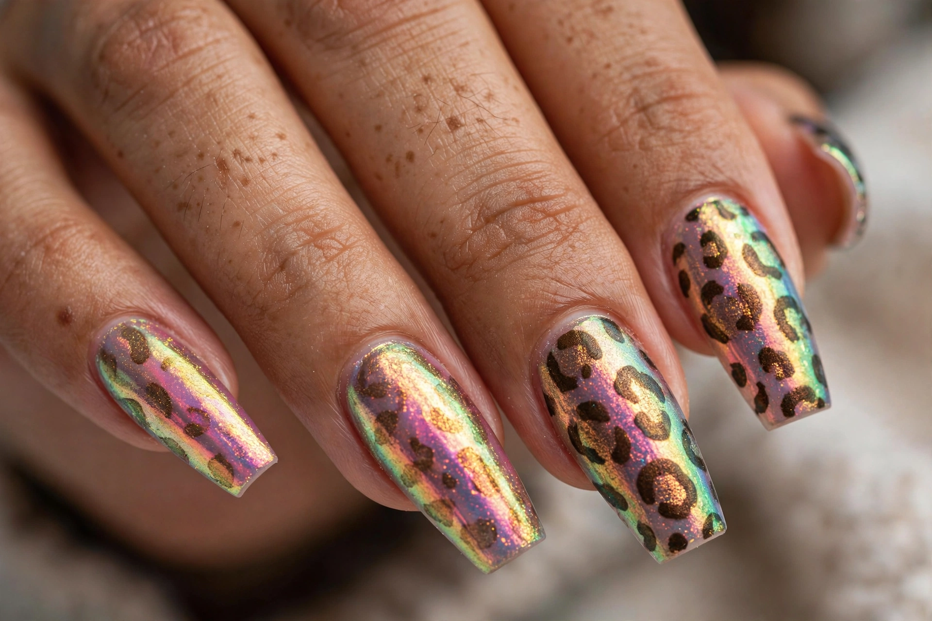 Holographic iridescent leopard print with dark bronze spots on coffin nails