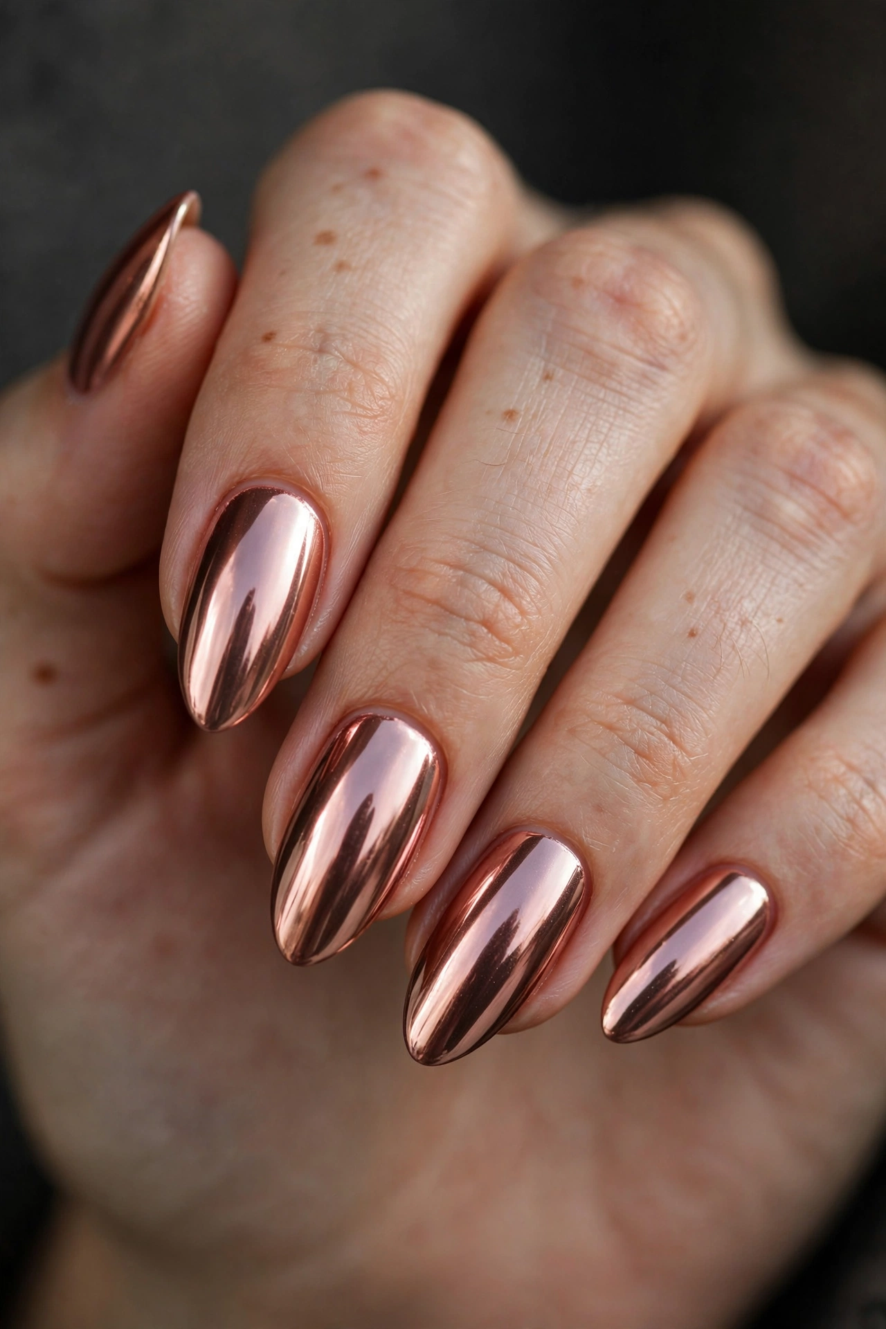 Almond nails in full rose-gold chrome mirror finish