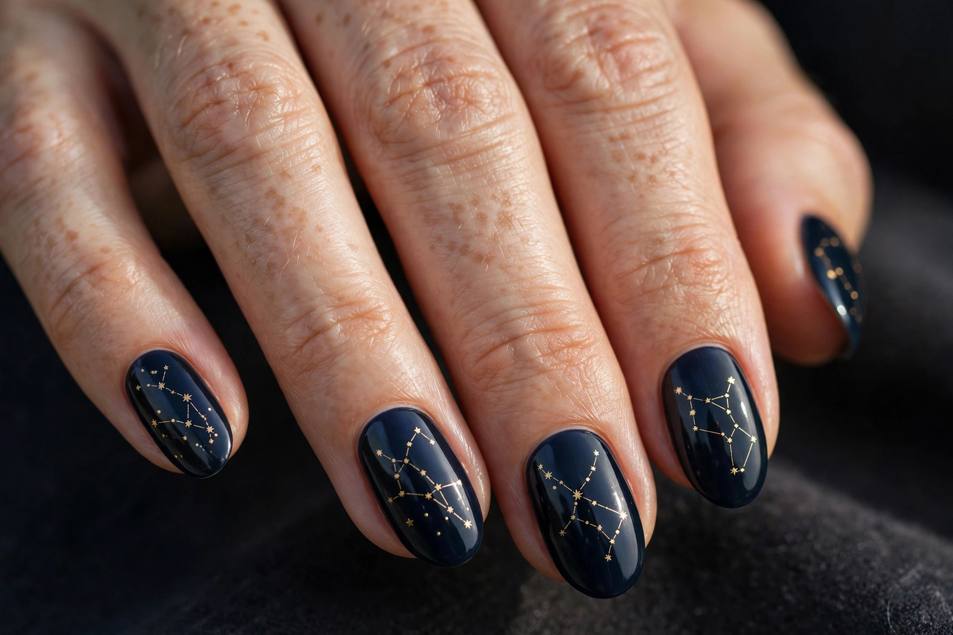 Oval nails with deep midnight navy base and tiny gold Libra constellation star dots connected by fine lines