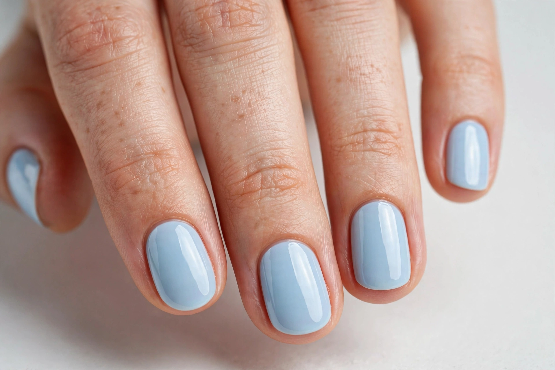 Solid pastel baby blue nail polish on short oval nails
