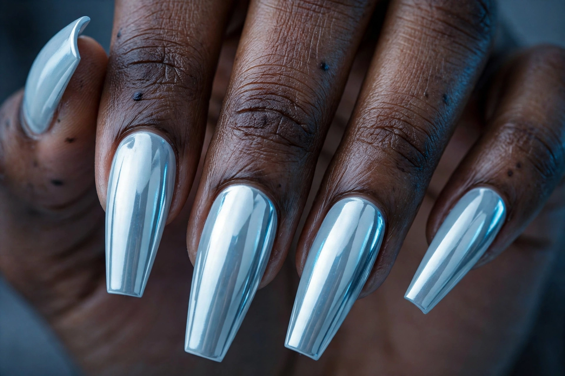 Icy pale blue chrome metallic nails on long coffin nails