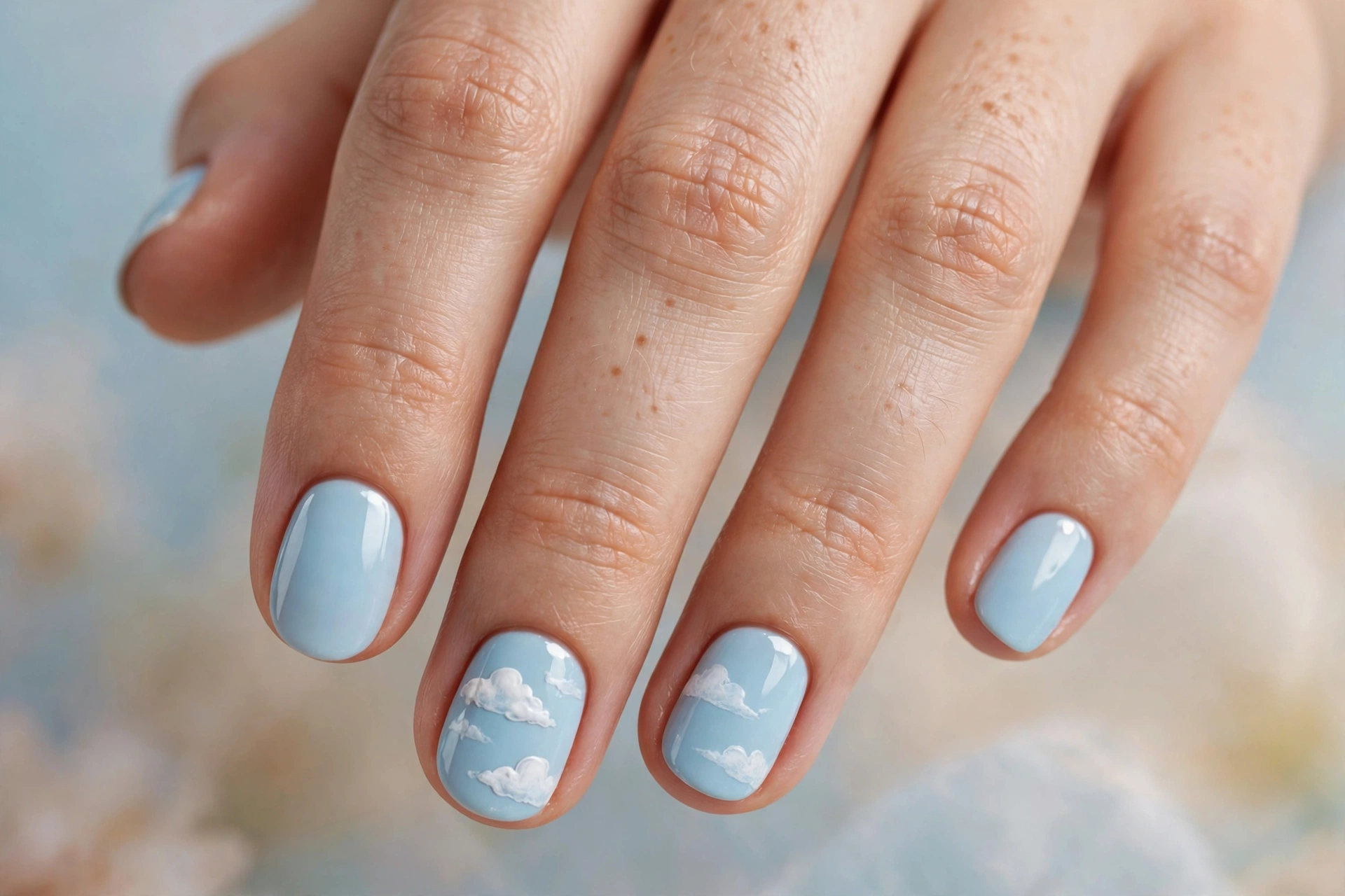 Pastel sky blue nails with hand-painted white clouds