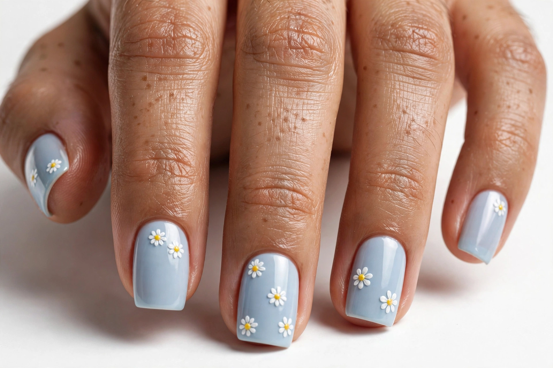 Light blue nails decorated with tiny white daisy flowers