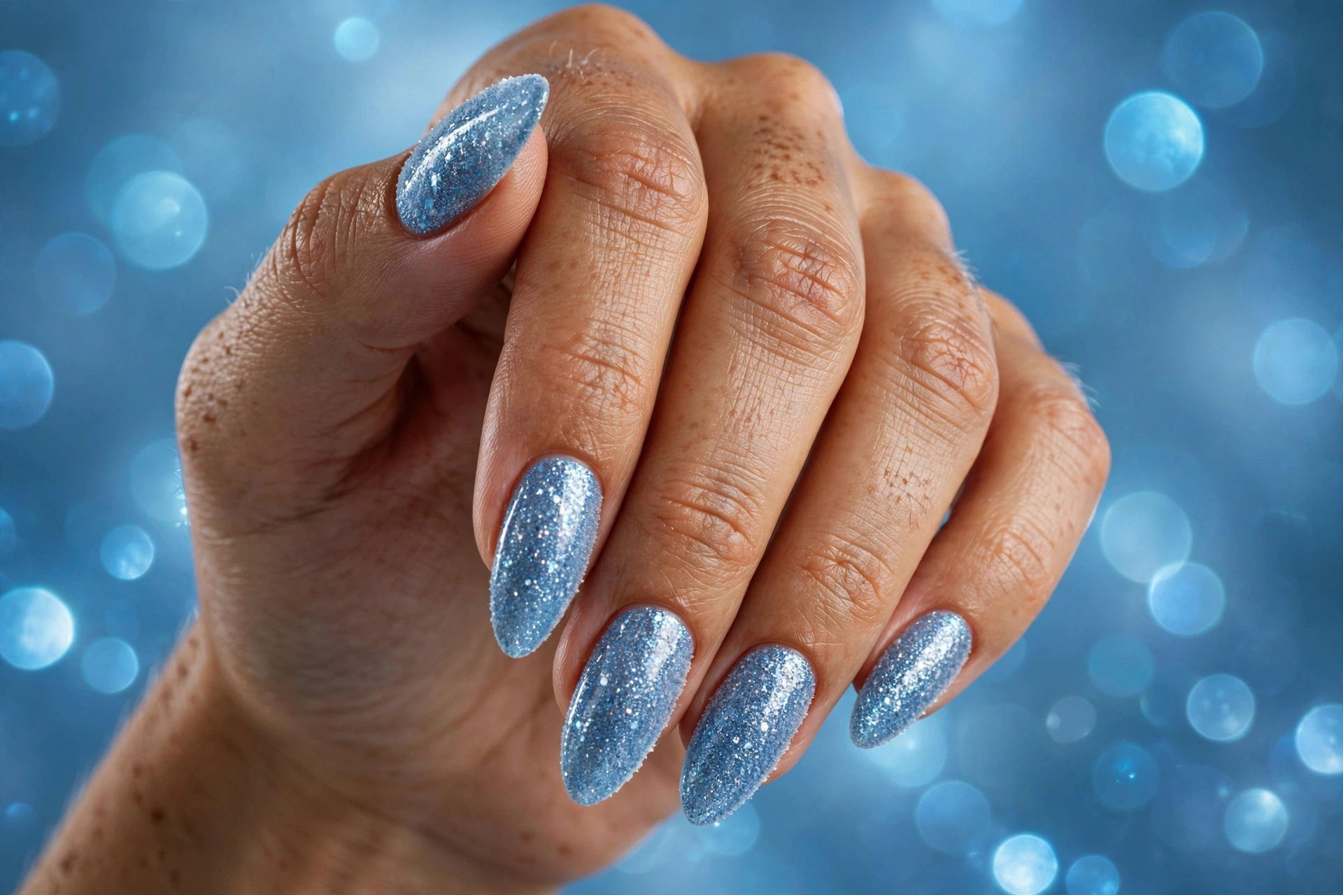 Icy blue glitter sparkle nails on almond nails