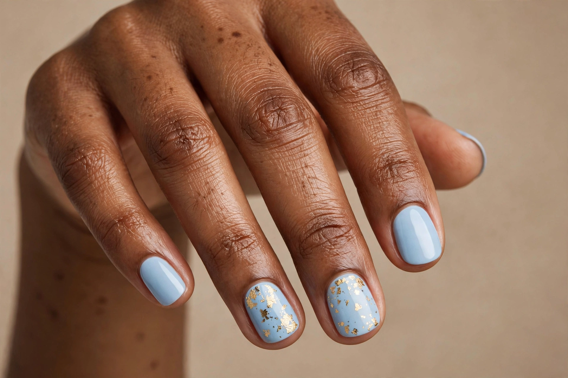 Baby blue nails with gold foil flake accents