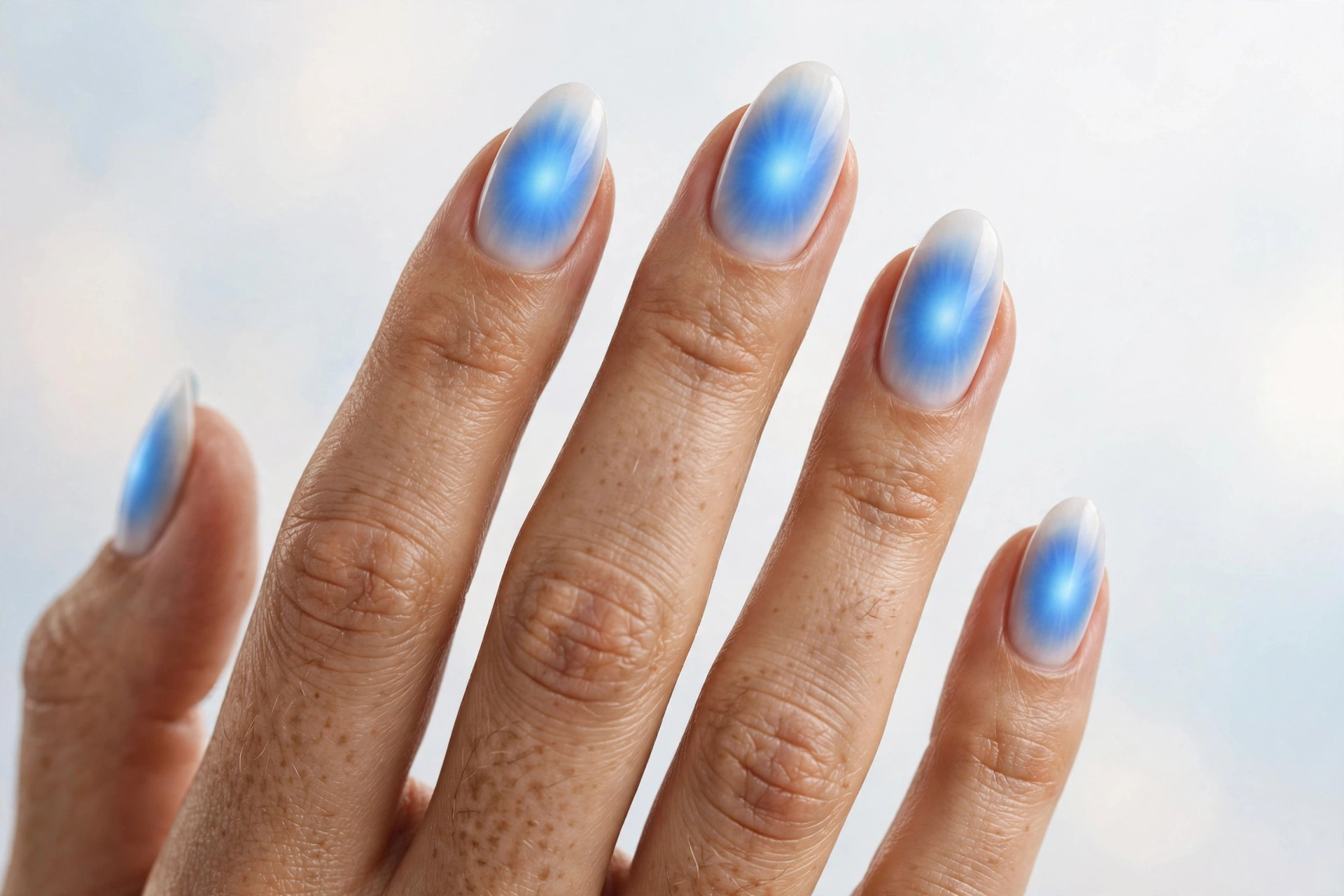 Blue aura nails with glowing blue center fading to milky white