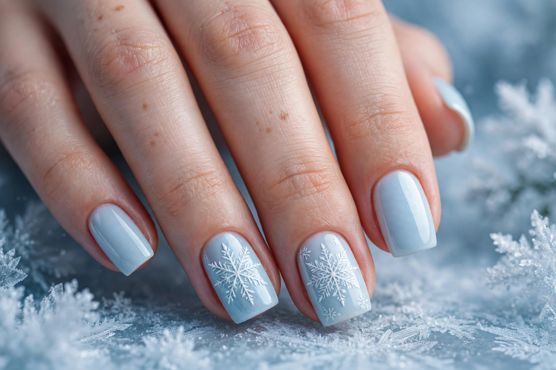 Pale blue nails with white snowflake designs