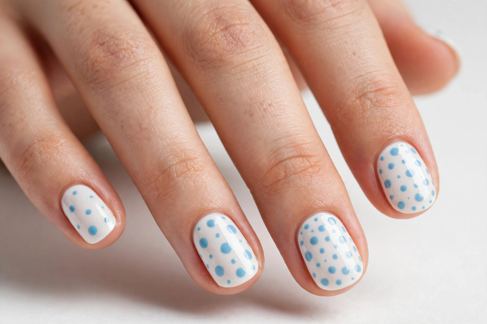 White nails with light blue polka dots