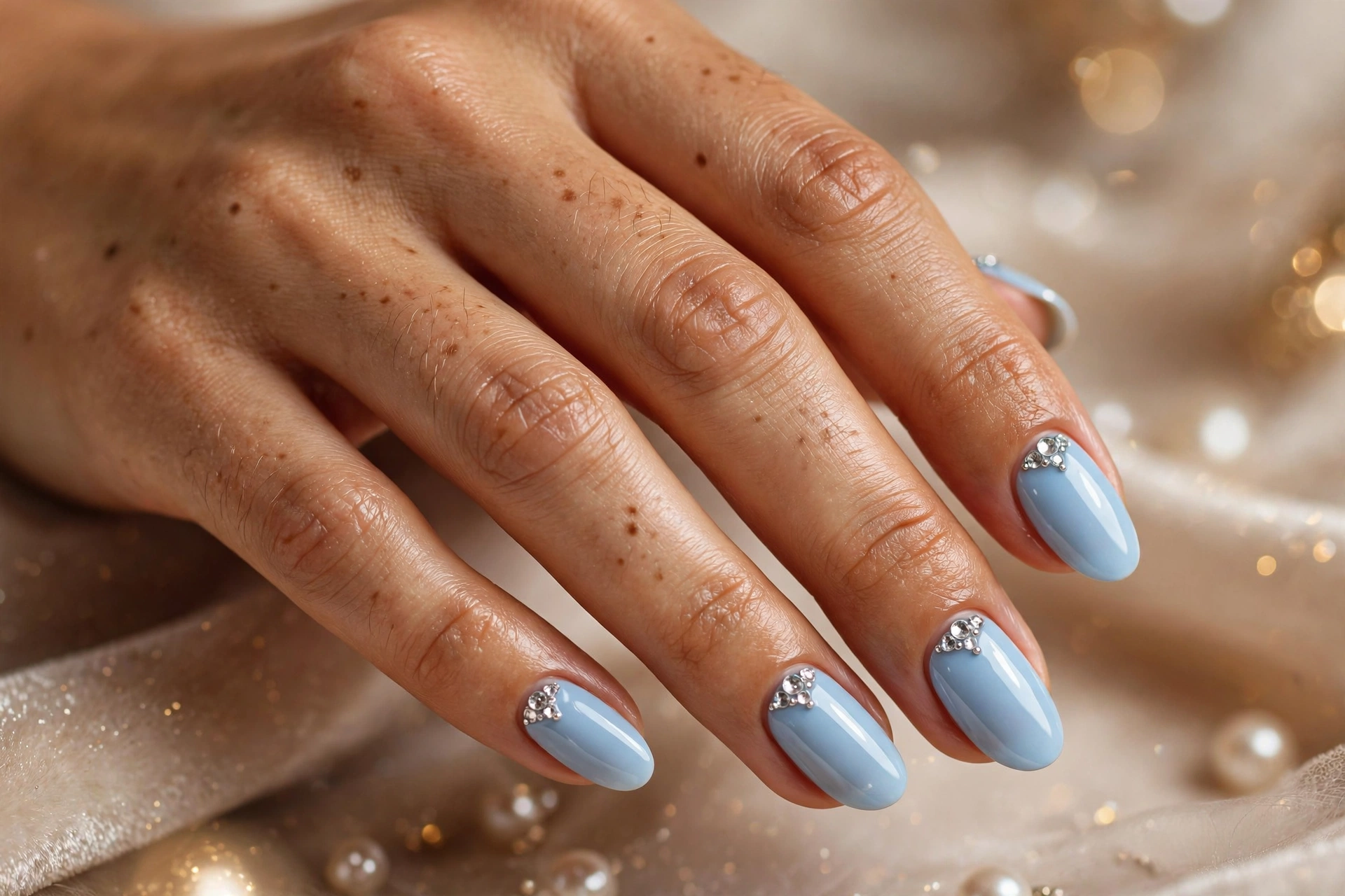 Baby blue nails with silver rhinestone crystal accents