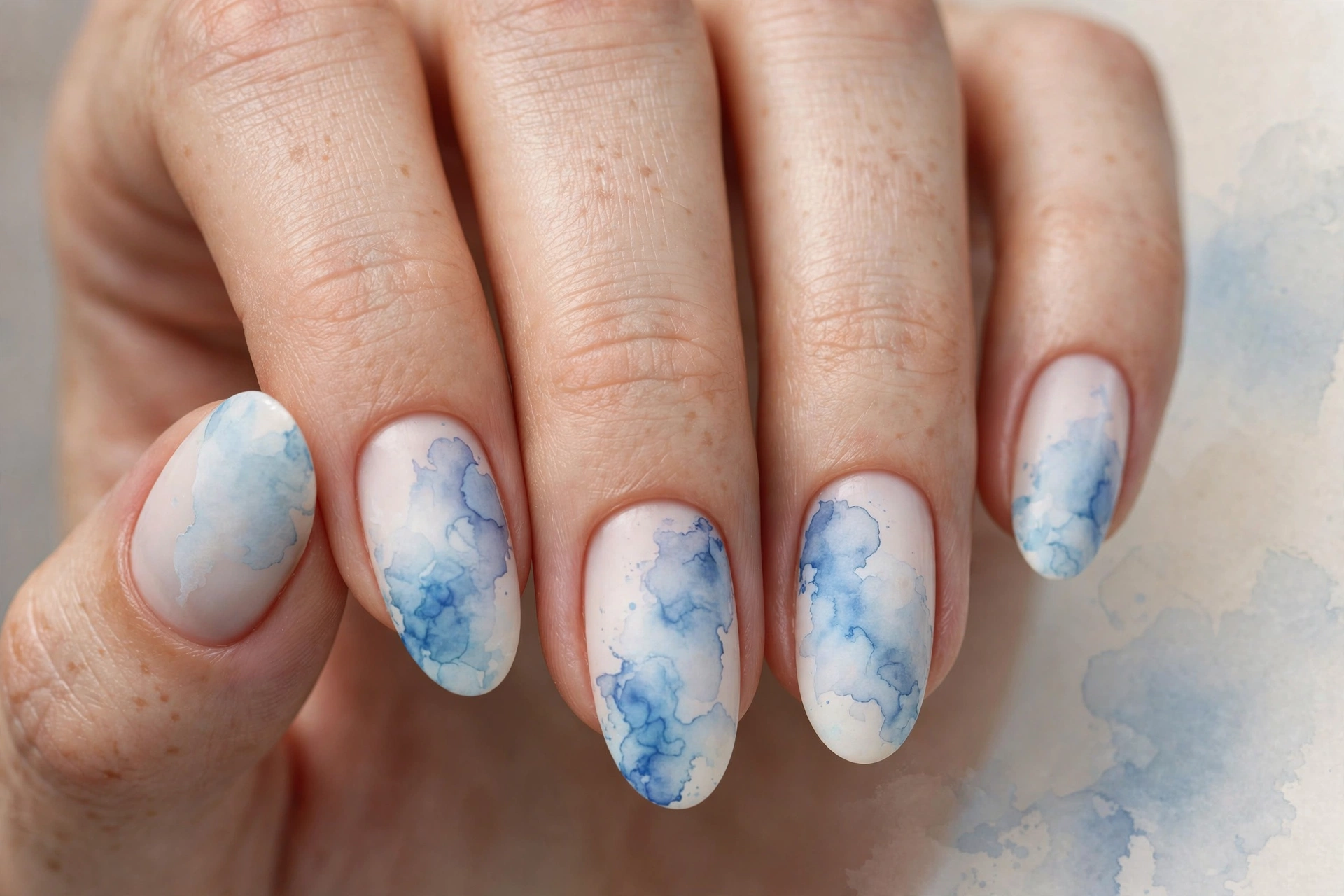 Watercolor-style blue wash nail art