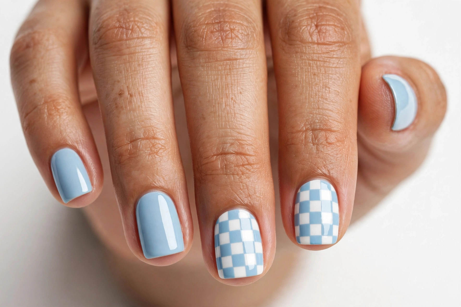 Light blue and white checkerboard accent nails
