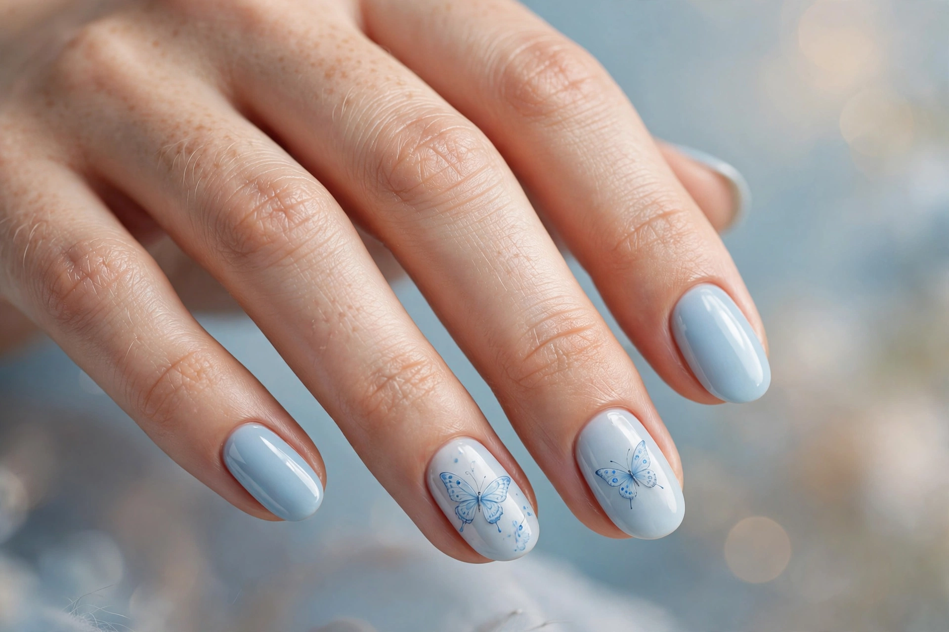 Light blue nails with blue butterfly designs