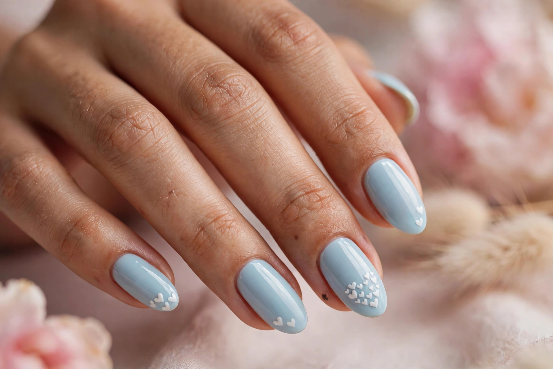 Light blue nails with tiny white heart details