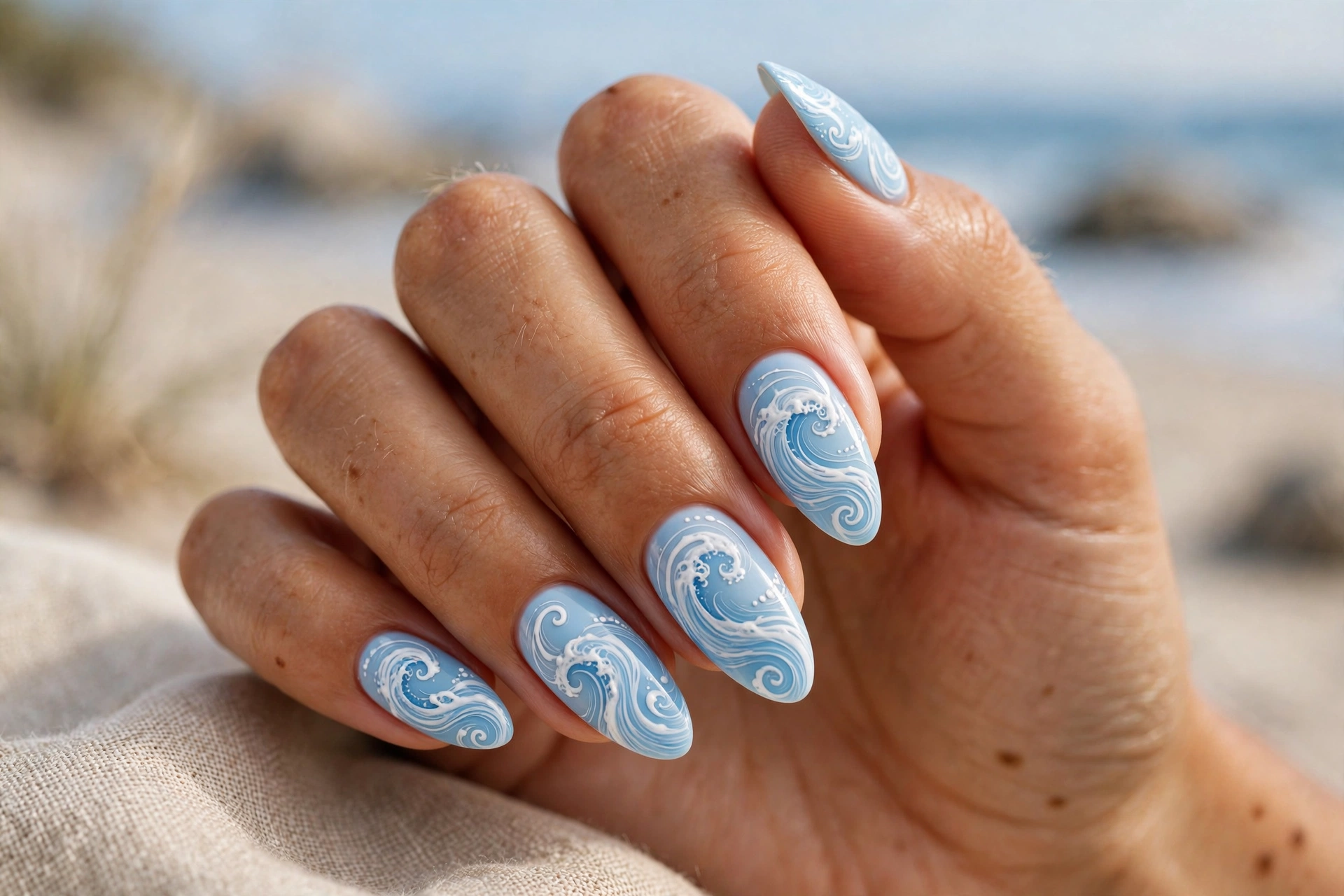 Light blue nails with white ocean wave swirls