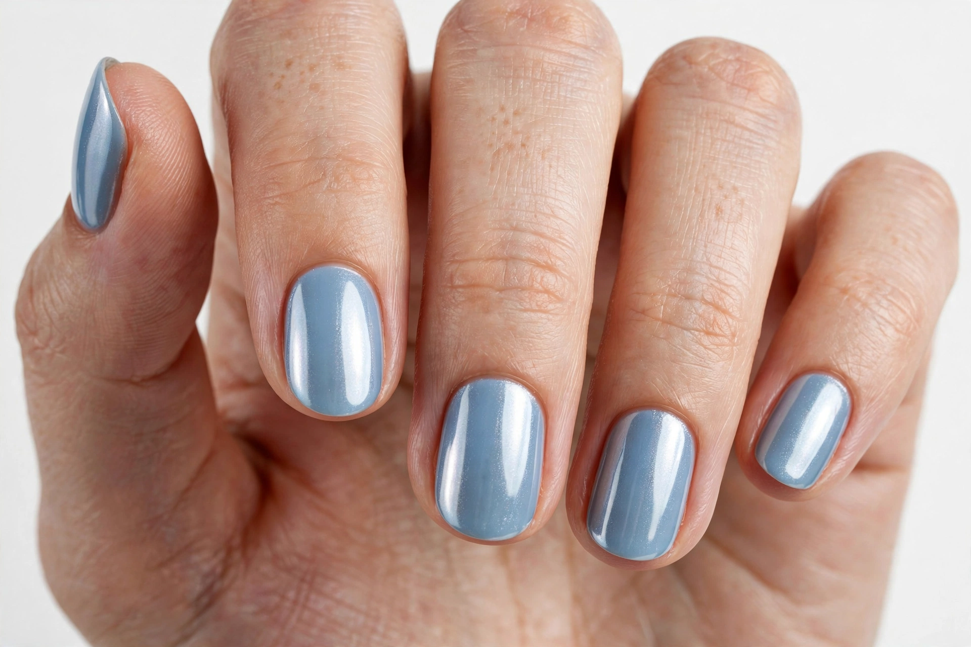 Glazed donut-style pale blue chrome nails