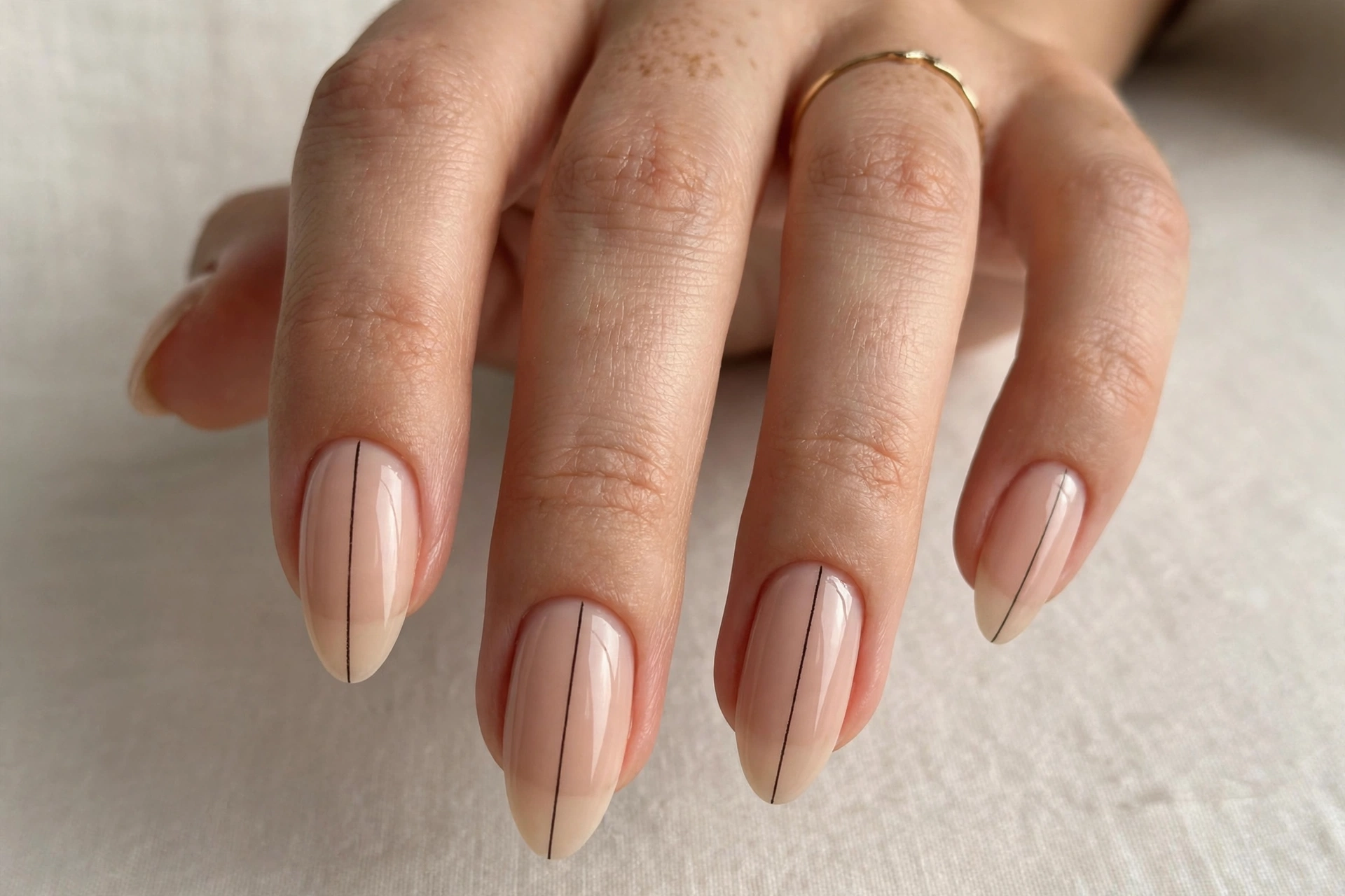 Thin black pinstripe lines on nude almond nails