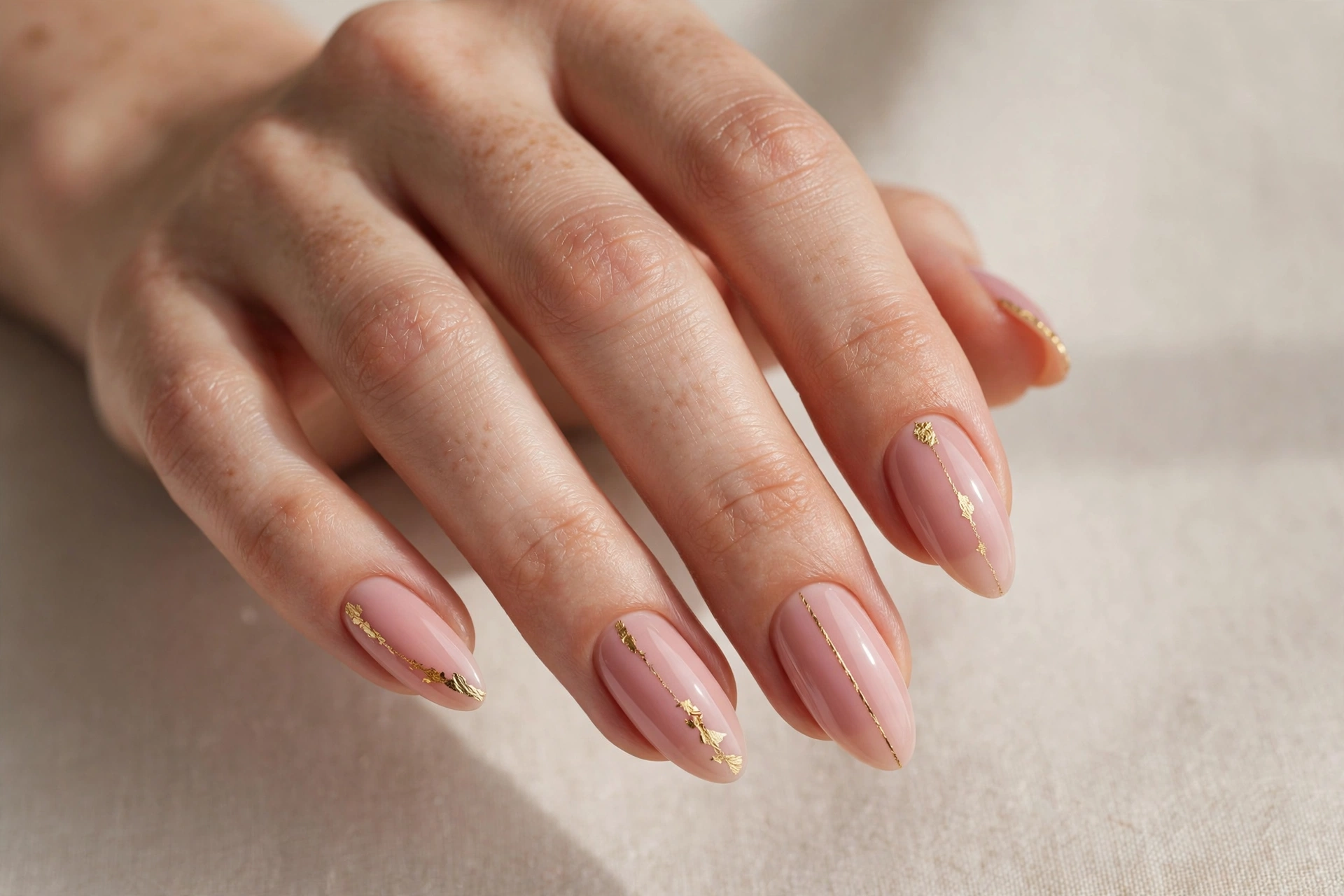 Delicate gold foil lines on blush pink nails
