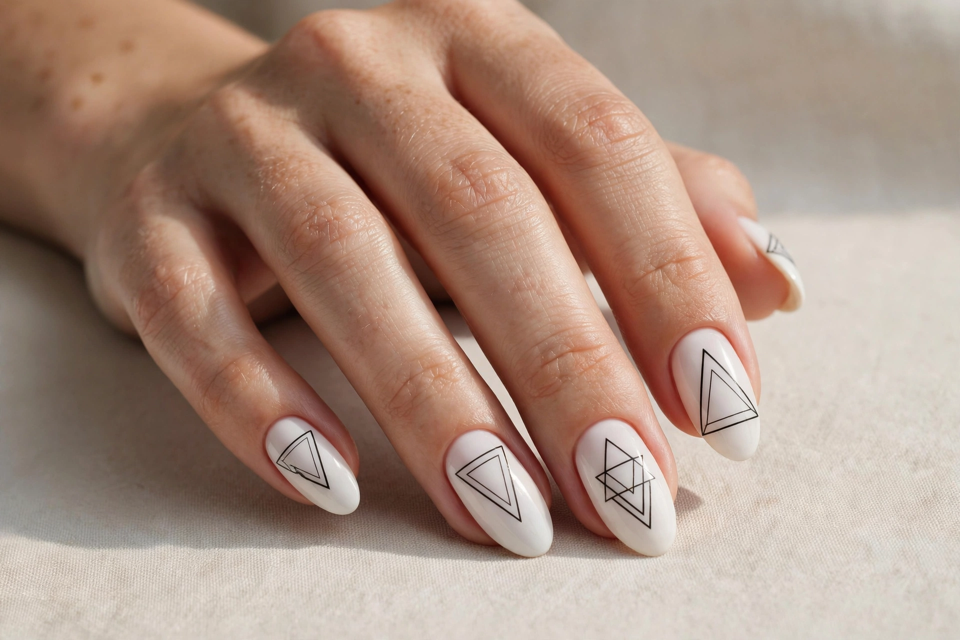 Black geometric triangle line art on white nails