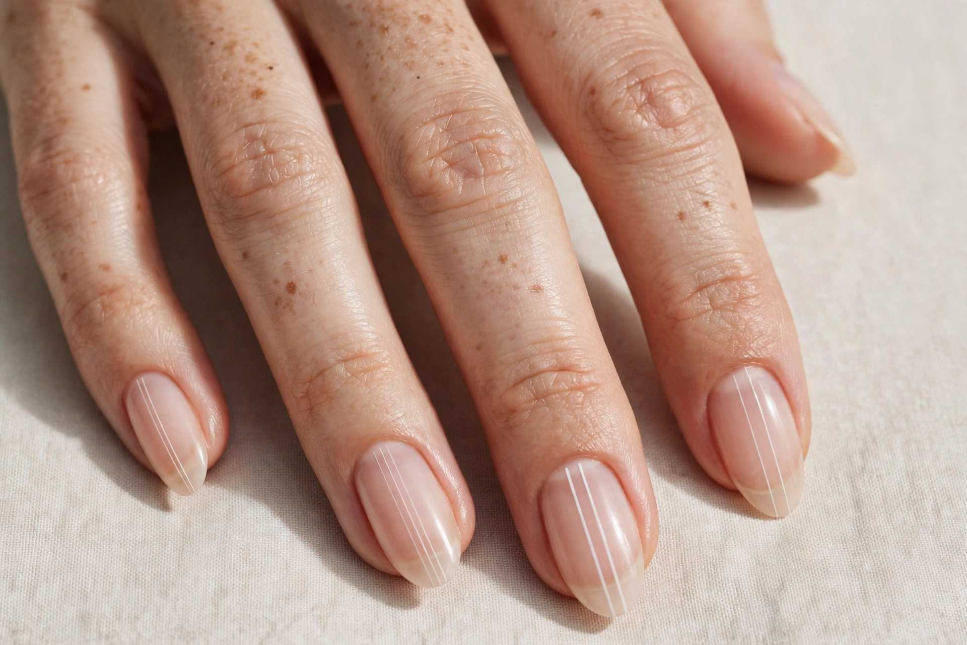 Negative space manicure with thin vertical white lines on natural nails