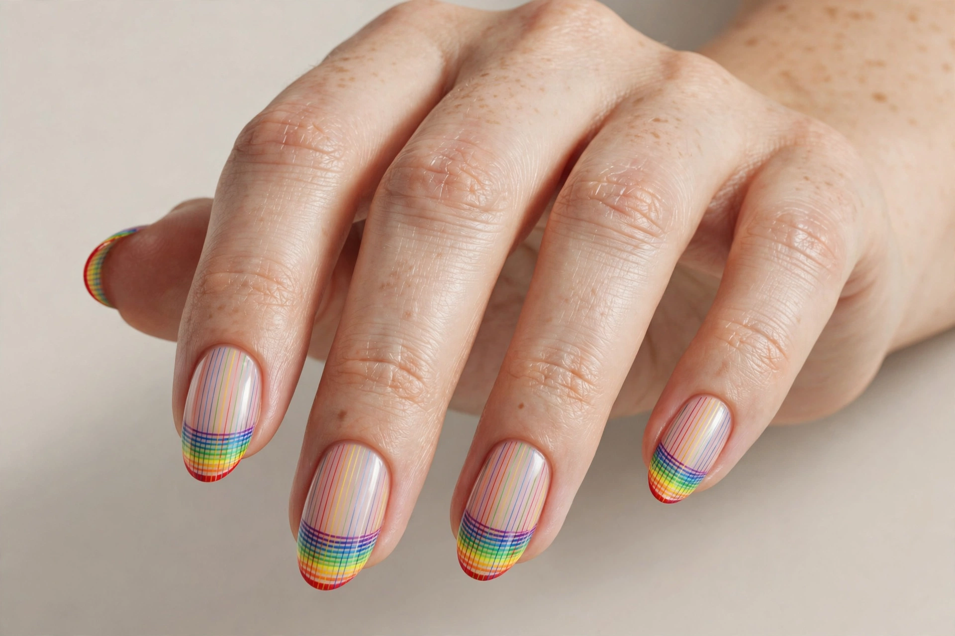 Rainbow fine striped lines across nail tips