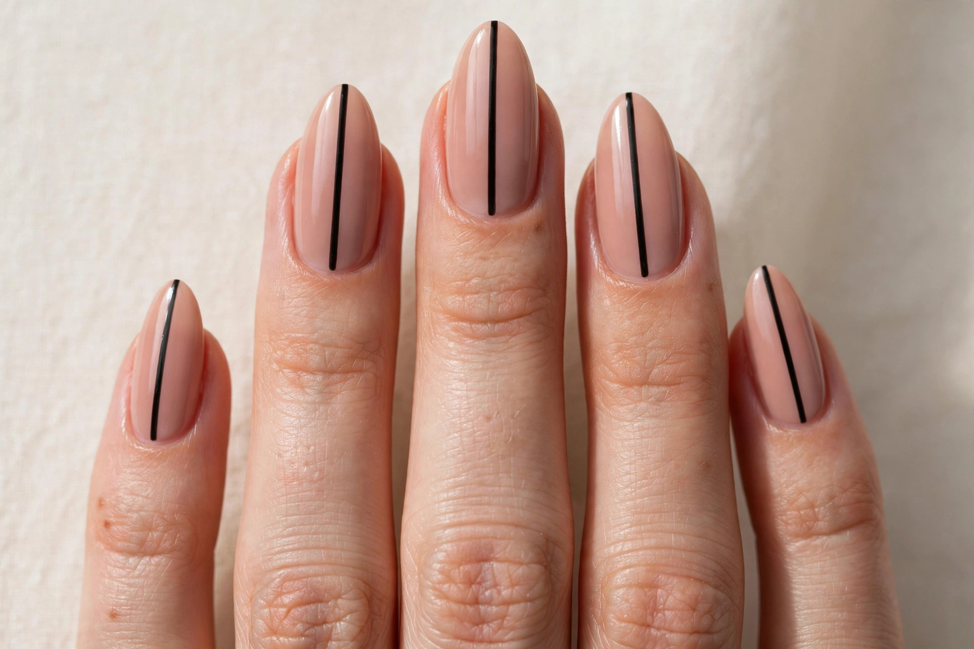 Single black vertical stripe elongating nude nails