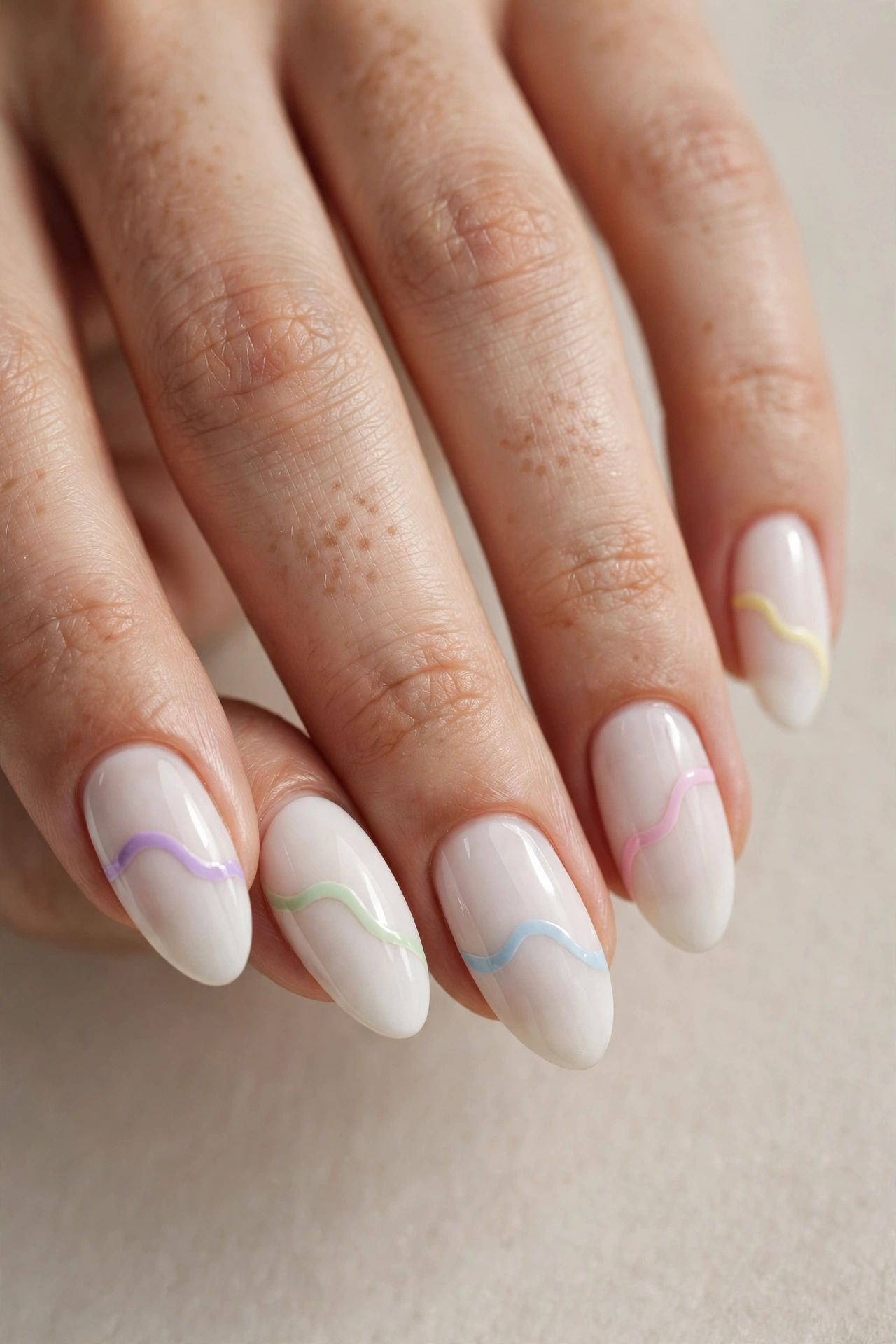 Pastel wavy lines on white nails