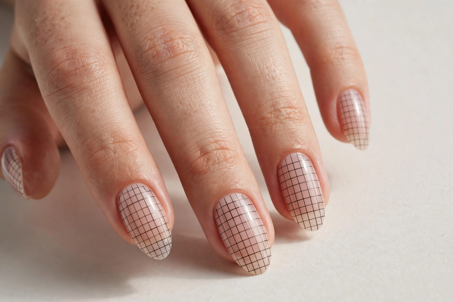 Fine black grid crosshatch lines on nude nails