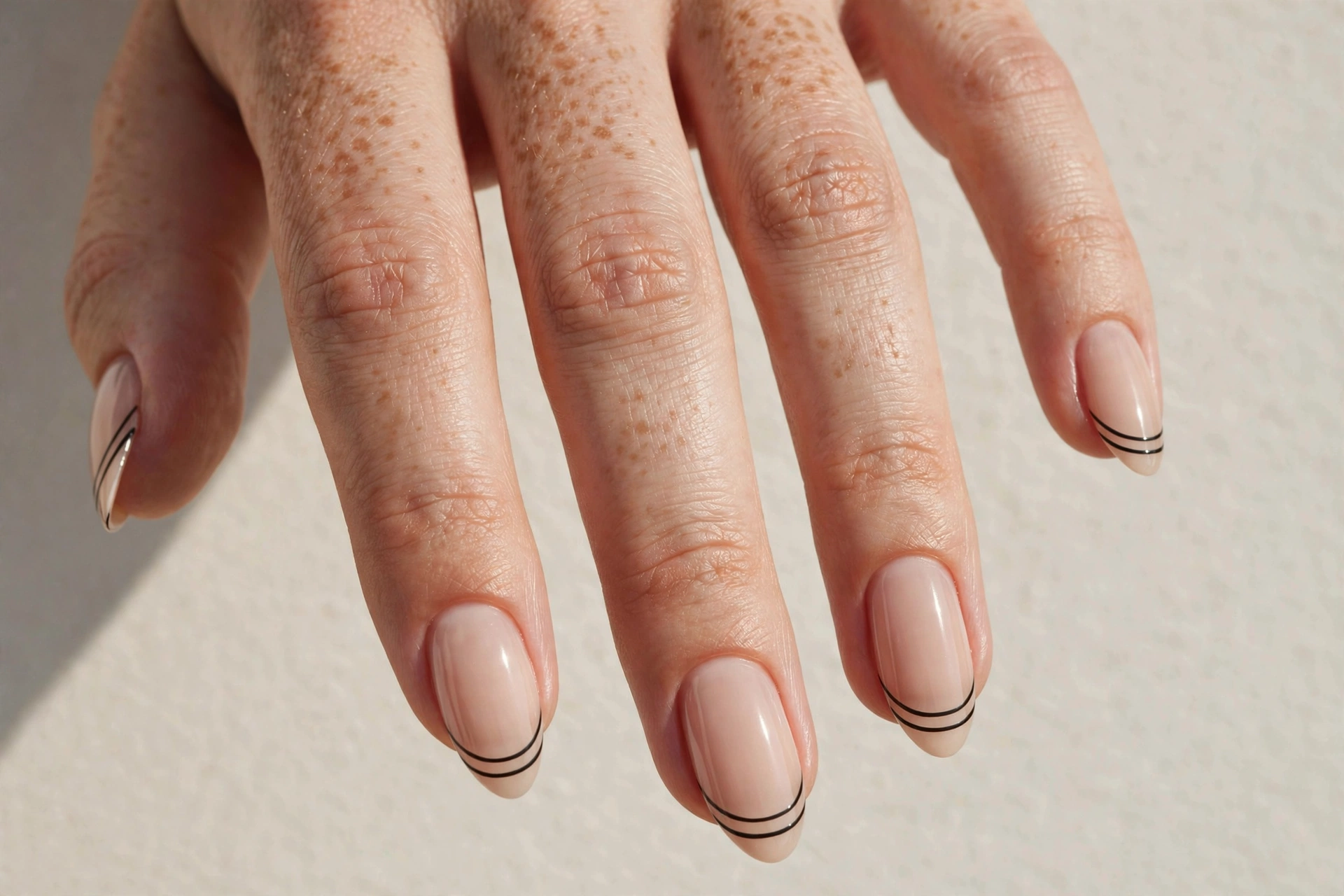 Double thin parallel lines at French nail tips