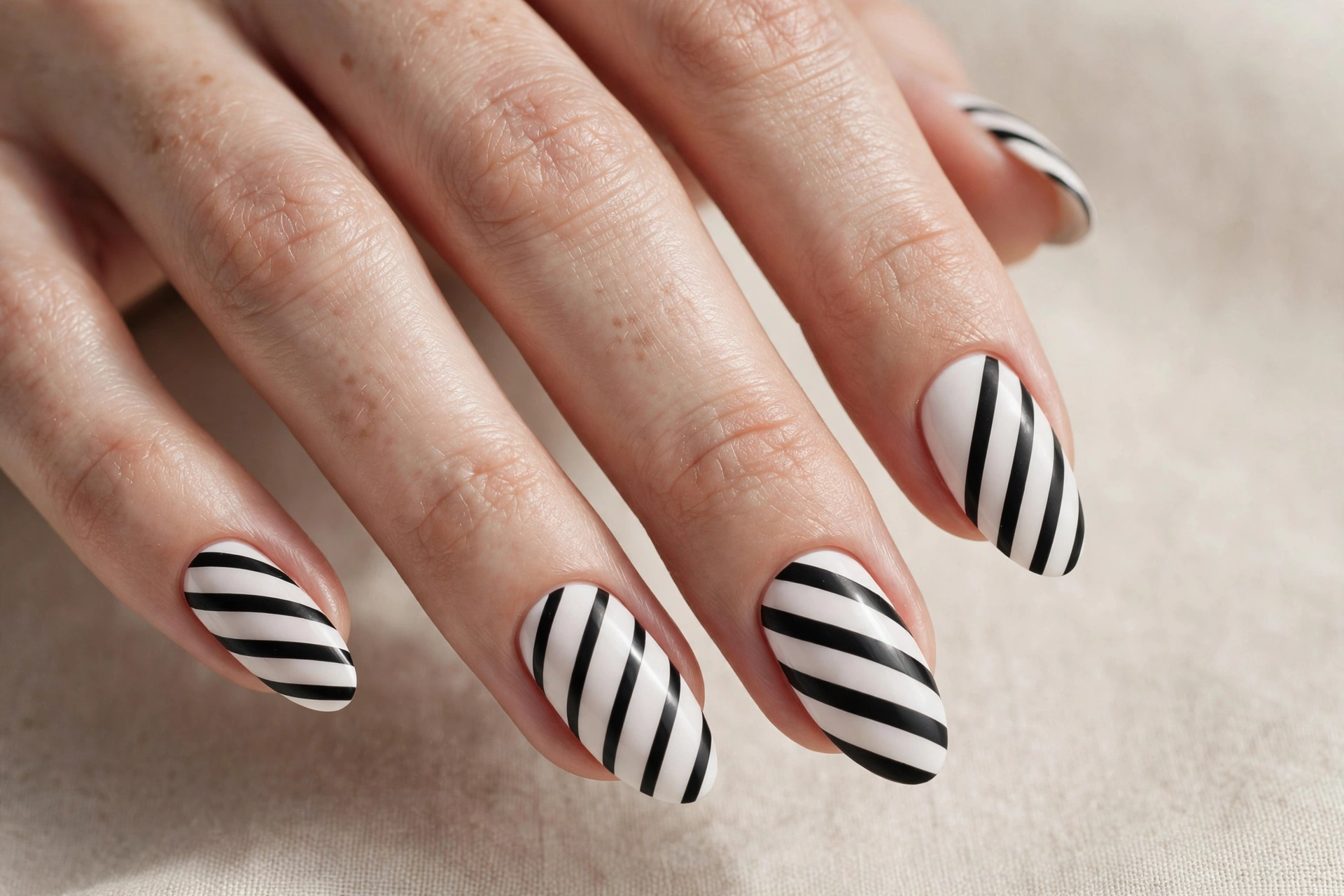 Bold black diagonal stripes on white nails