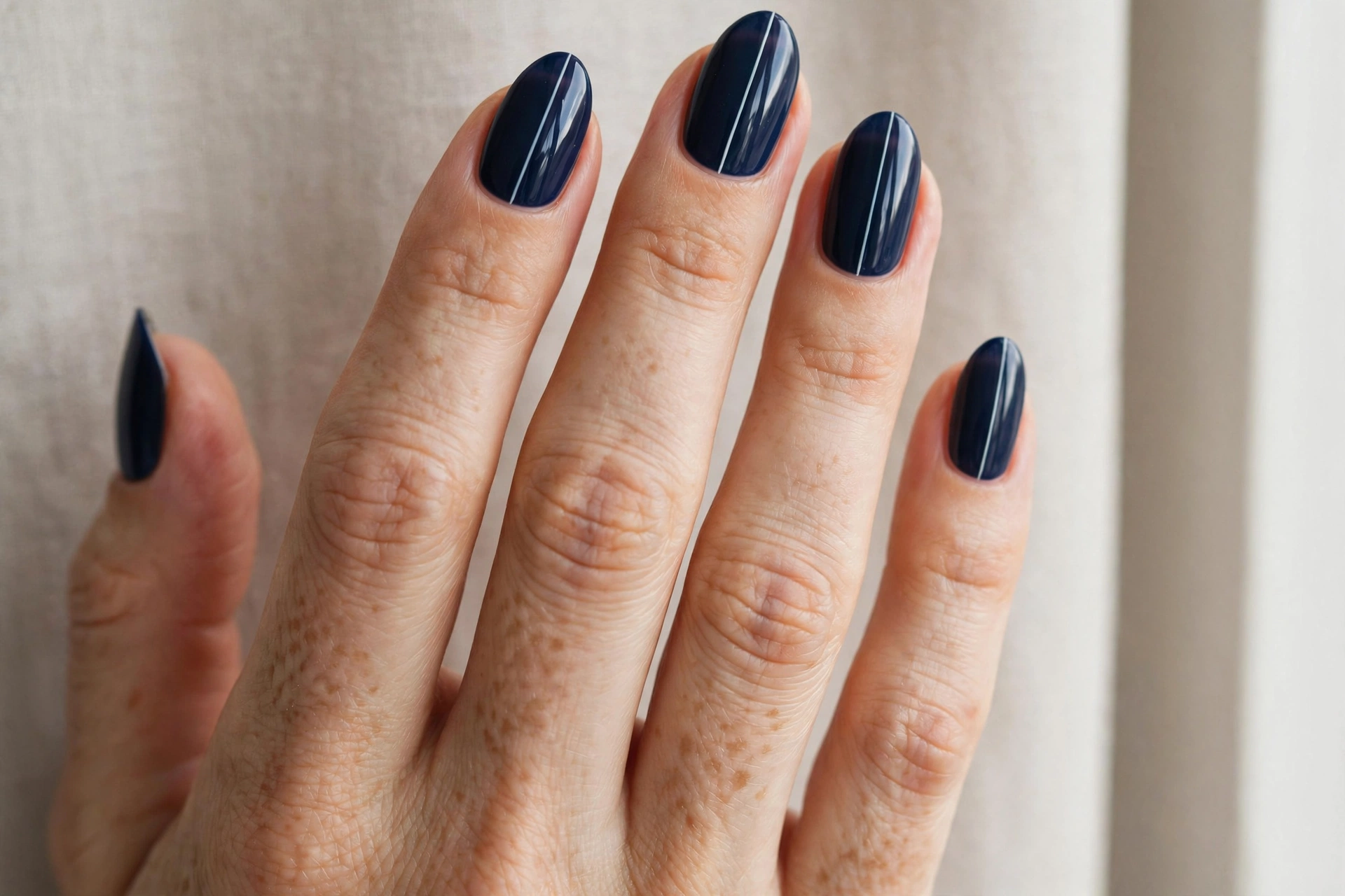 Thin white lines on dark navy blue nails