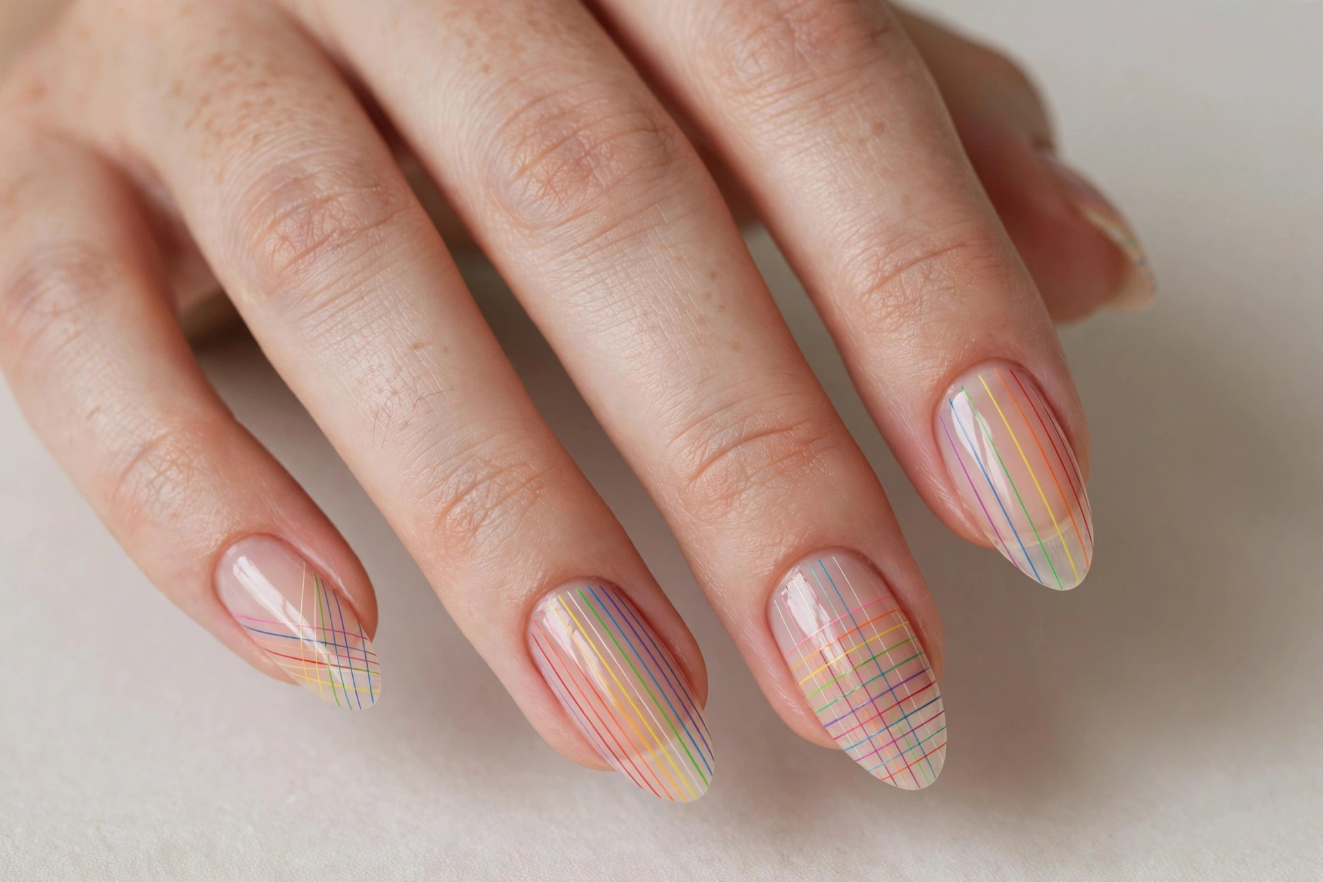Multicolor thin rainbow lines on nude nails