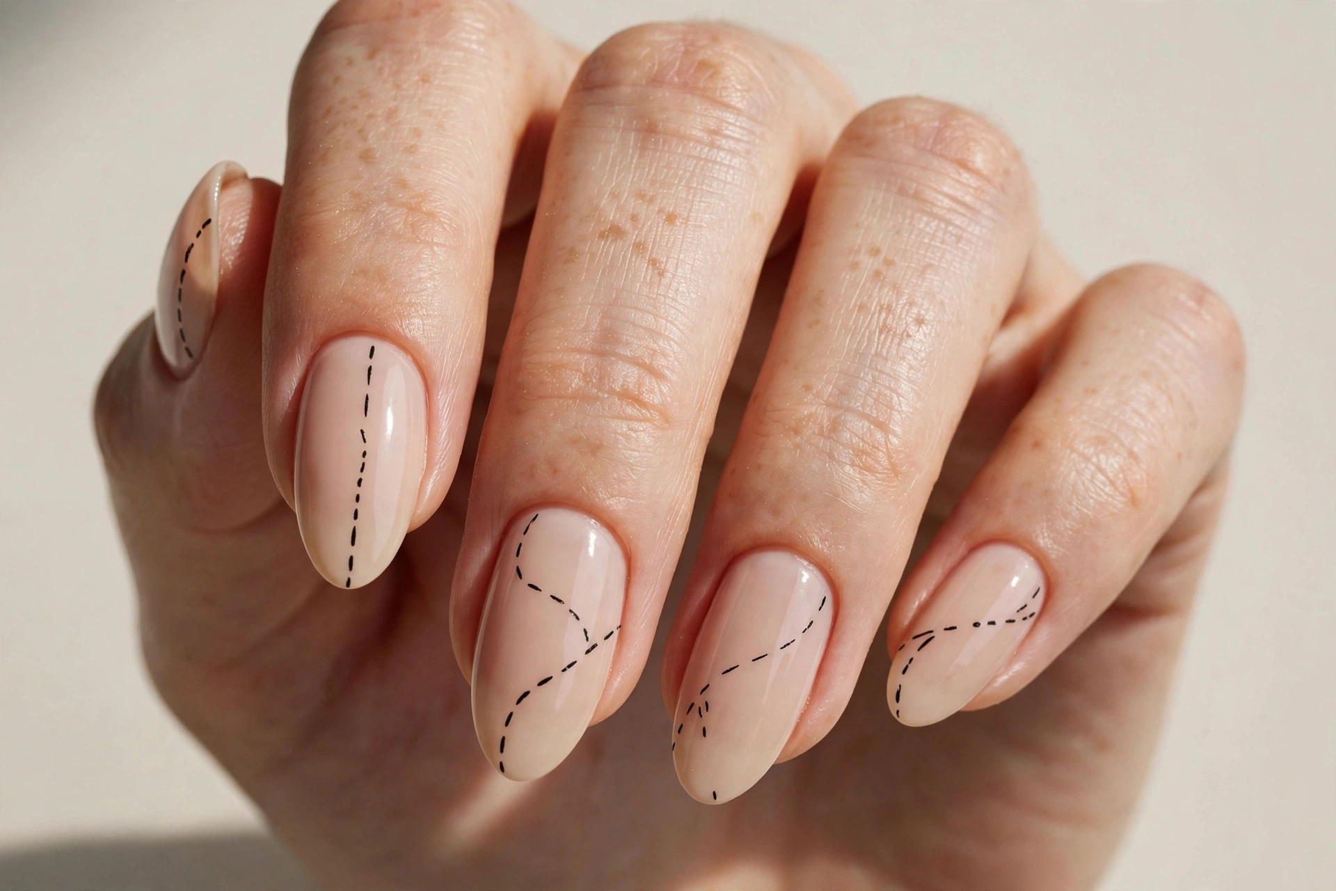 Black dashed broken line art on nude nails