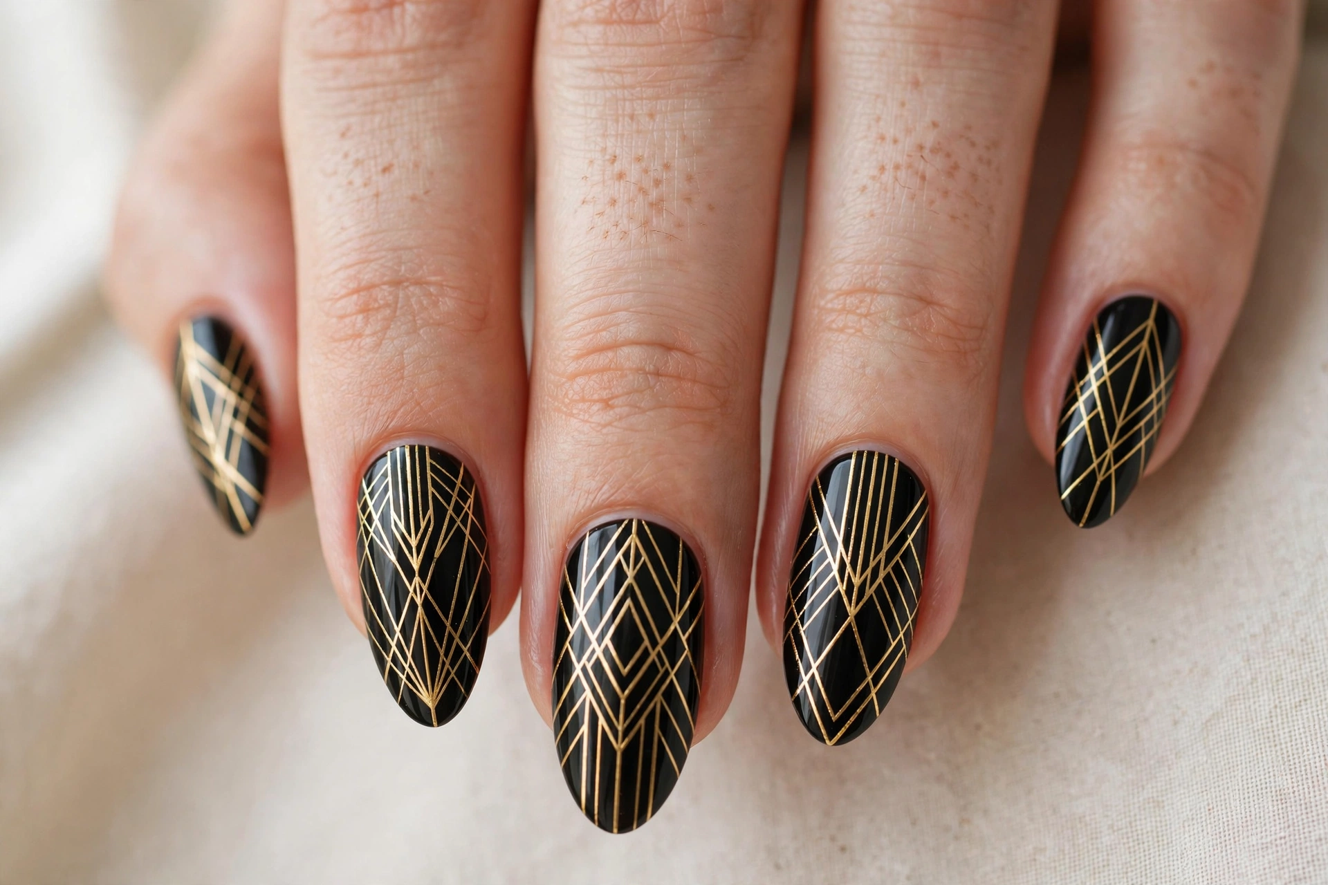 Gold art deco intersecting lines on black nails