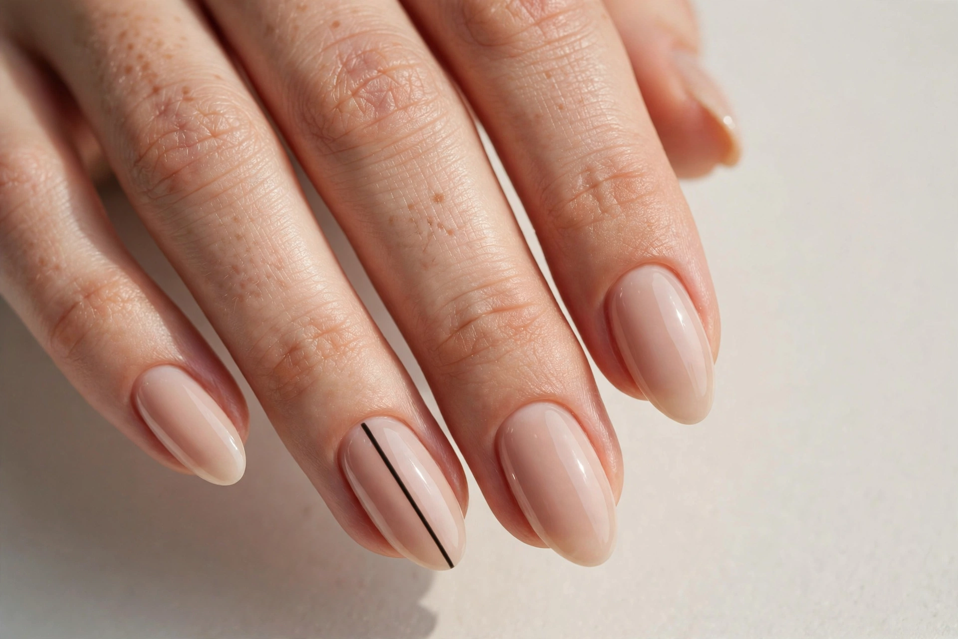 Single thin black vertical line accent on nude ring finger nail
