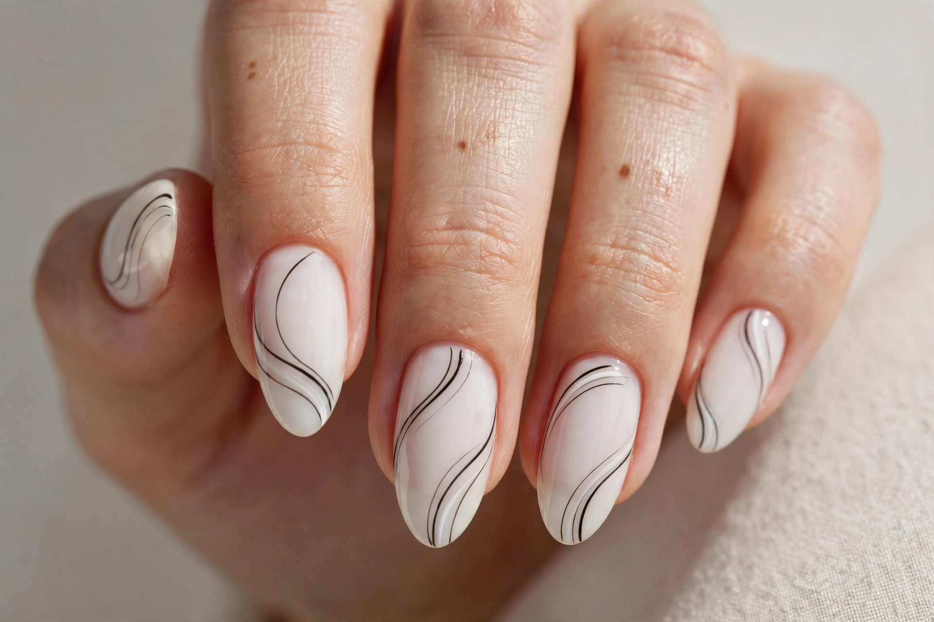 Elegant curved black line swirls on milky white nails