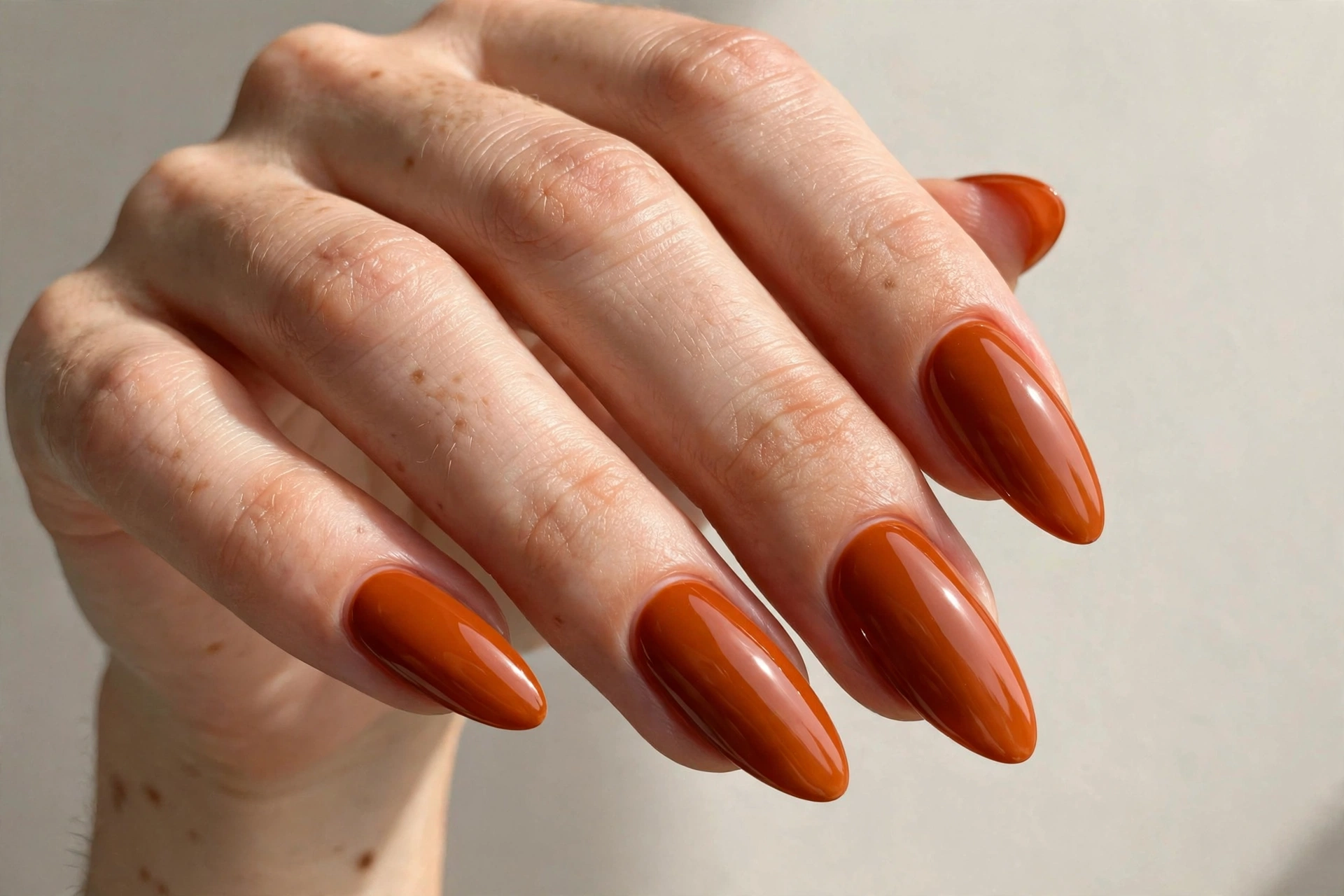Burnt orange glossy manicure on long almond shaped nails
